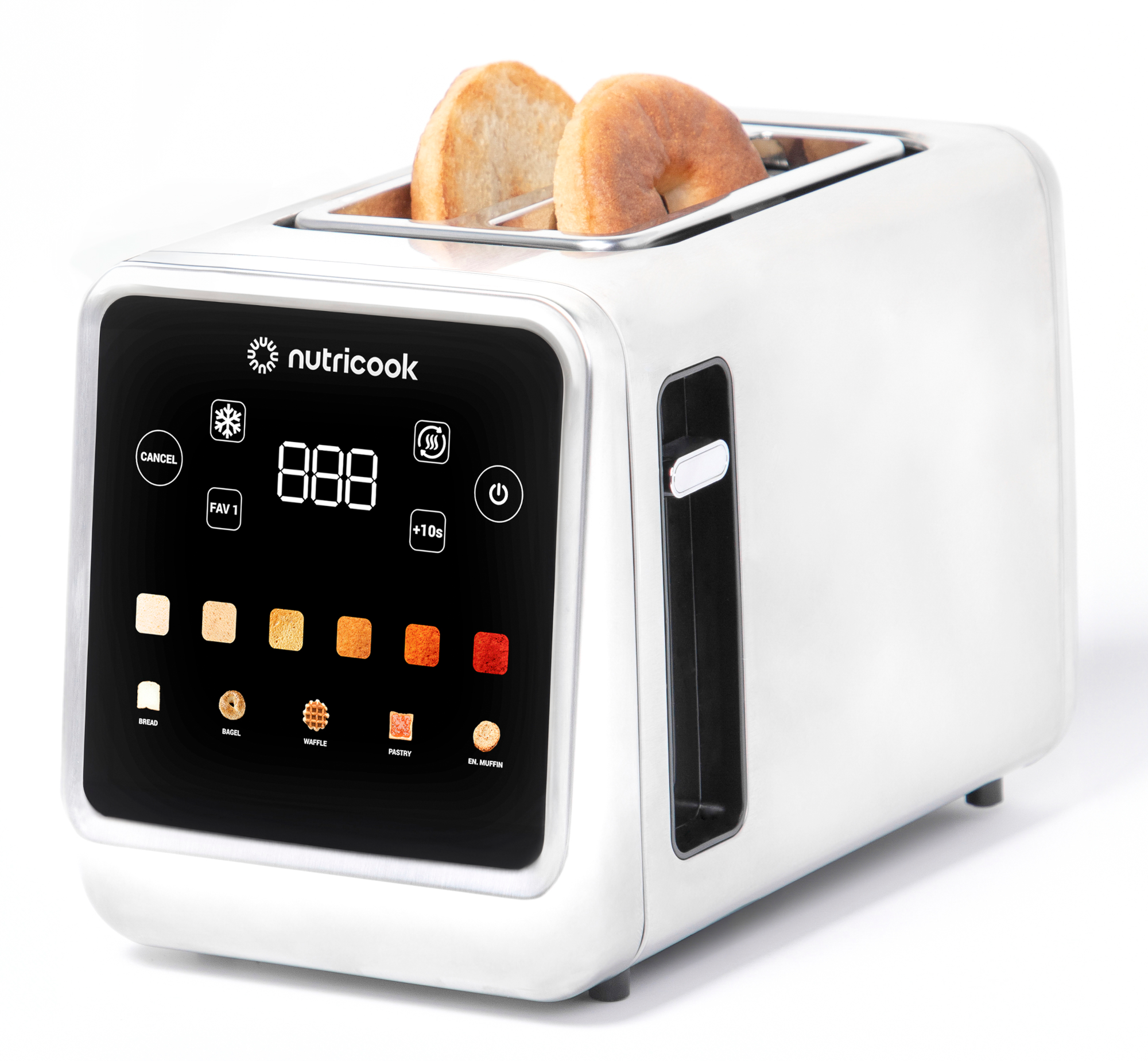 Egy fehér kenyérpirító digitális kijelzővel, kenyeret és bagel pirítását mutatja.