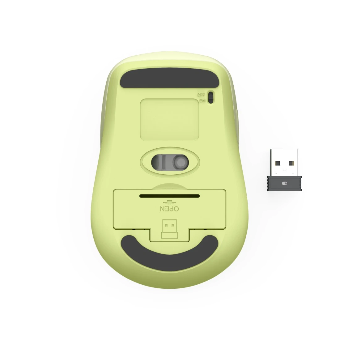 Spód jasn0zielonej myszy komputerowej z donglem USB obok.