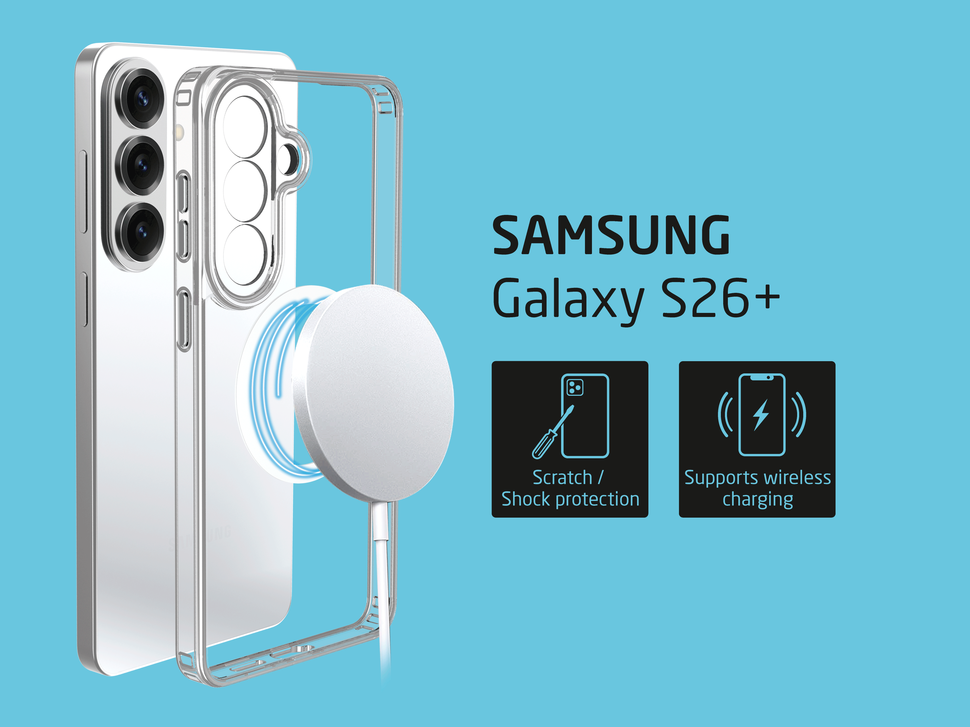 Transparente Handyhülle für Samsung Galaxy S26+ mit Ladefunktion.