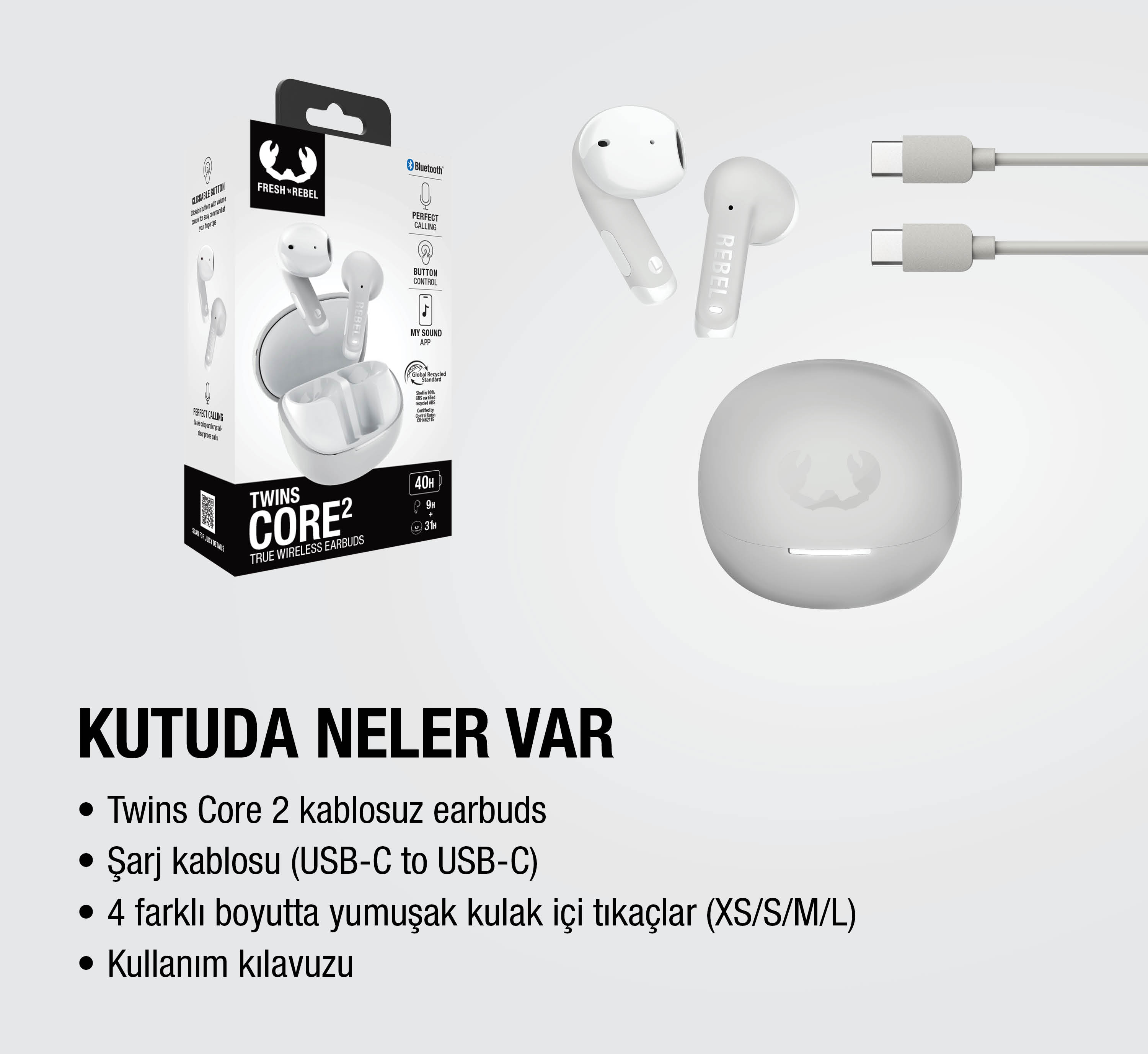 Beyaz Fresh n Rebel Twins Core 2 kulaklıklar şarj kutusu ve USB-C kabloları.
