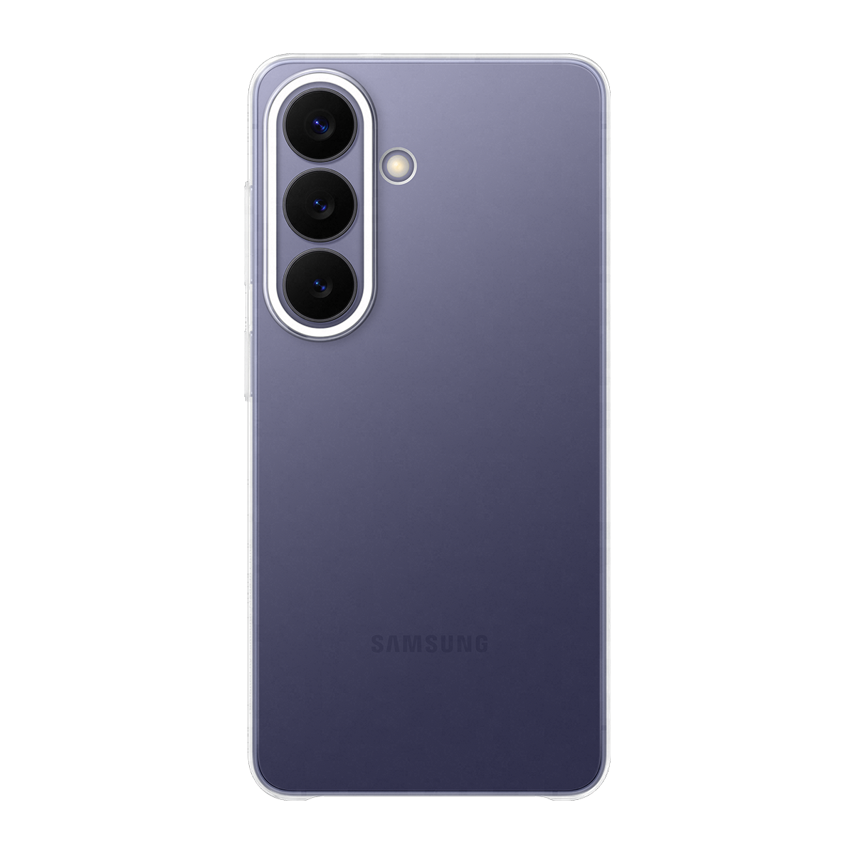 Fioletowy smartfon z trzema aparatami i lampą błyskową, logo Samsung z tyłu.