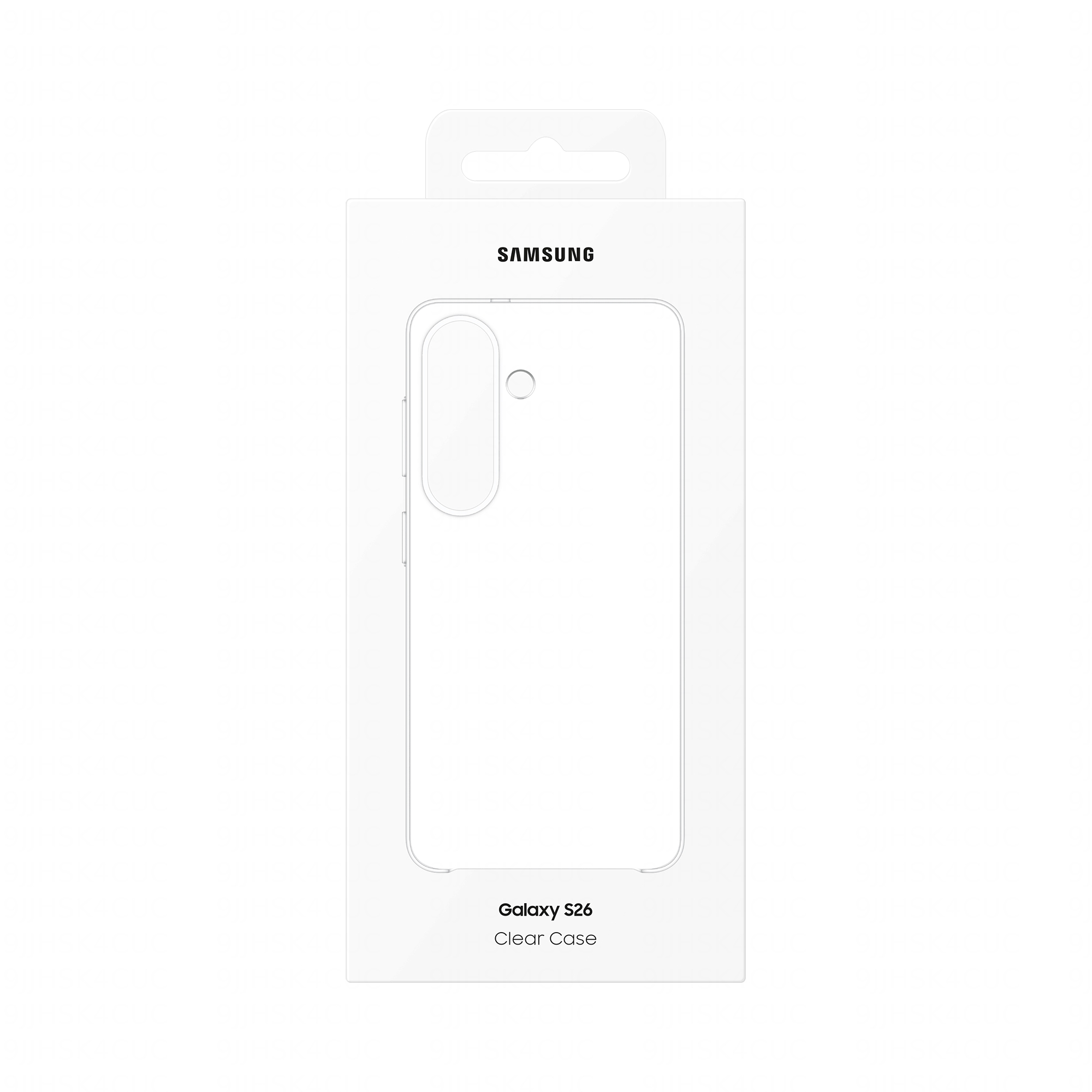 Opakowanie przezroczystego etui Samsung Galaxy S26 z wycięciem ukazującym etui.