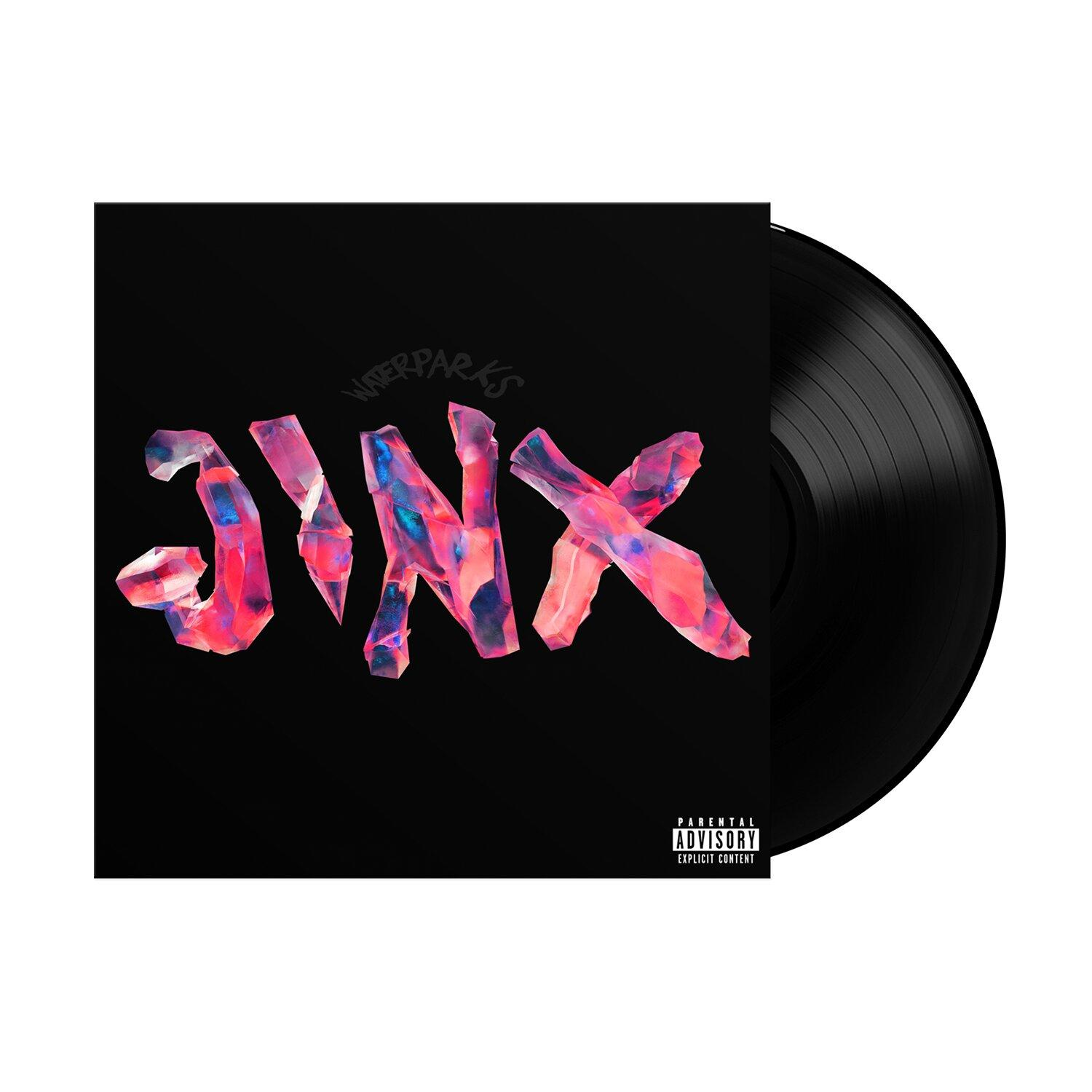 Schwarze Schallplatte mit pinken und blauen Kristall-Buchstaben "JINX" und "WATERPARKS".