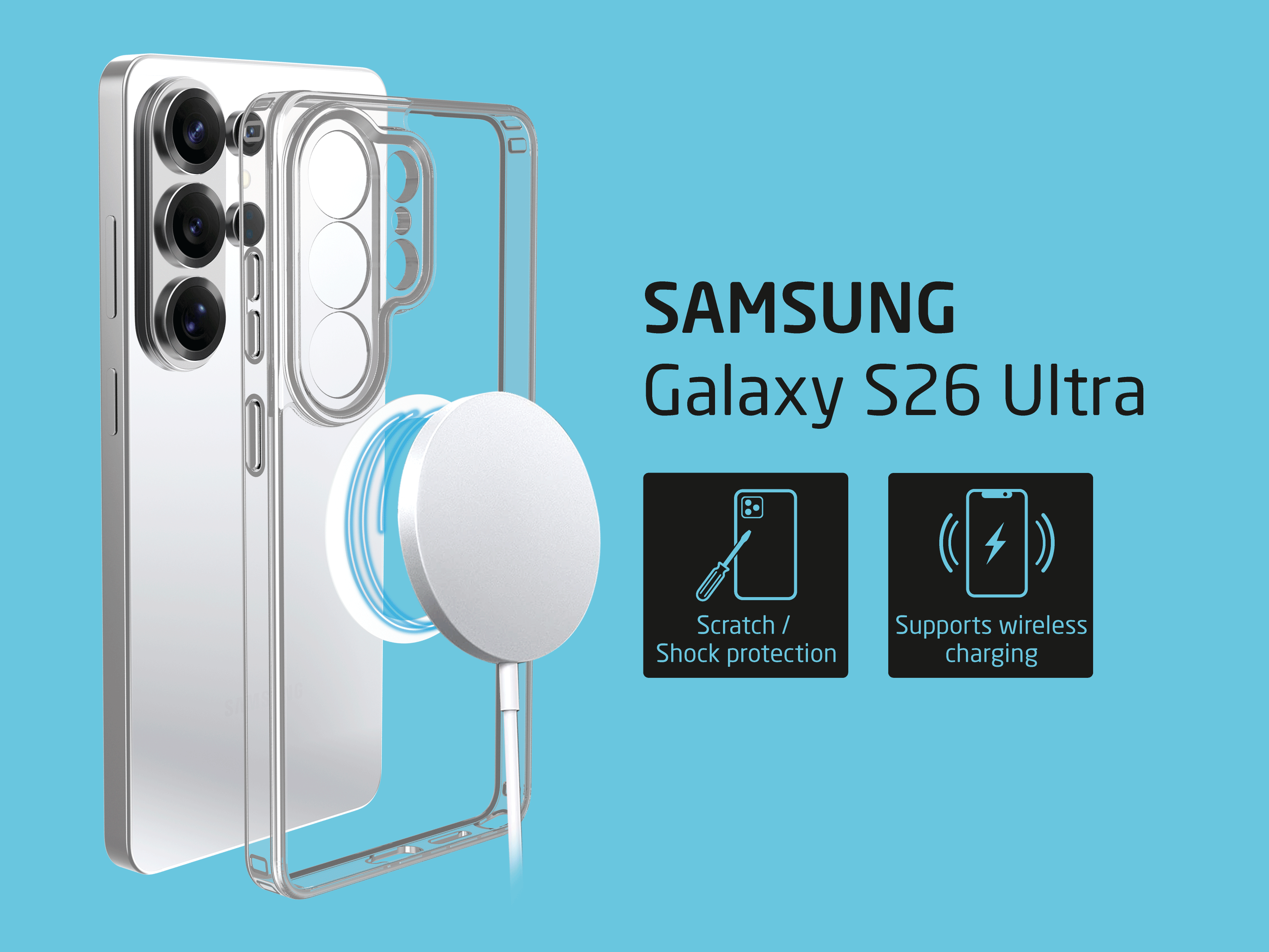 Transparente Hülle für Samsung Galaxy S26 Ultra mit Ladefunktion.