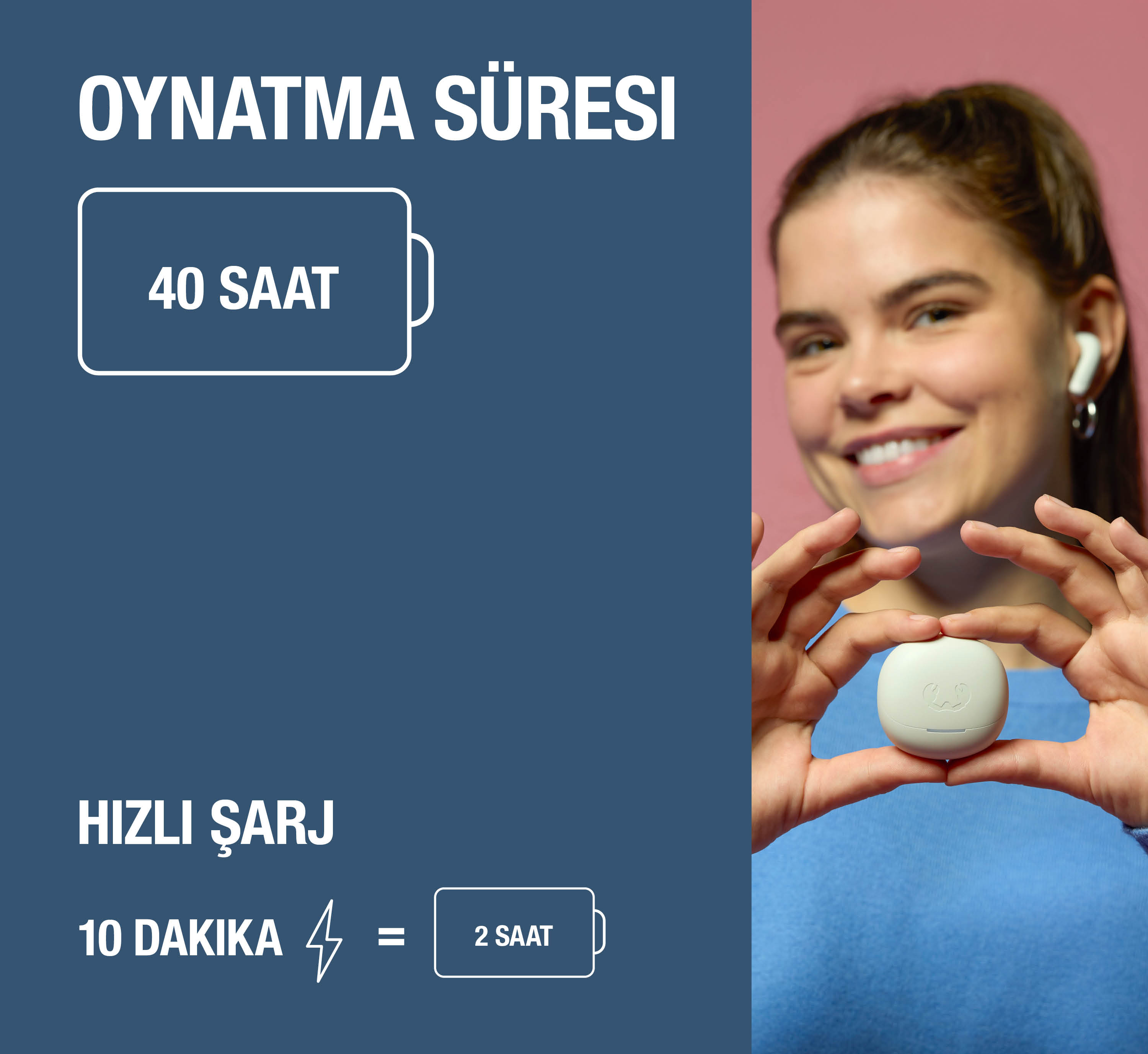 Kadın beyaz kulaklık kutusu tutuyor. Çalma süresi: 40 saat. Hızlı şarj: 10 dk = 2 saat.