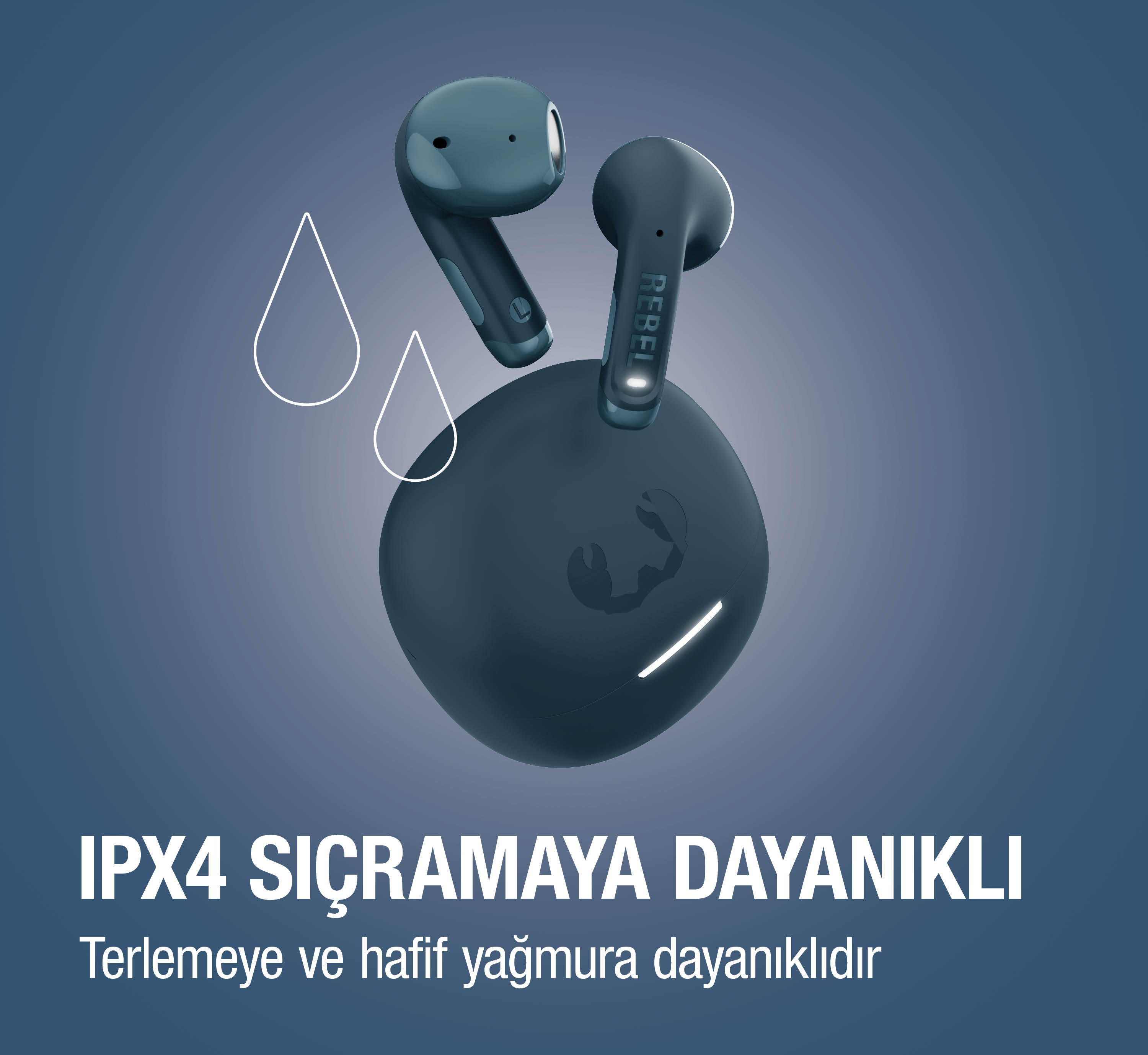 Şarj kutulu lacivert kablosuz kulaklık, IPX4 sıçramaya dayanıklı.