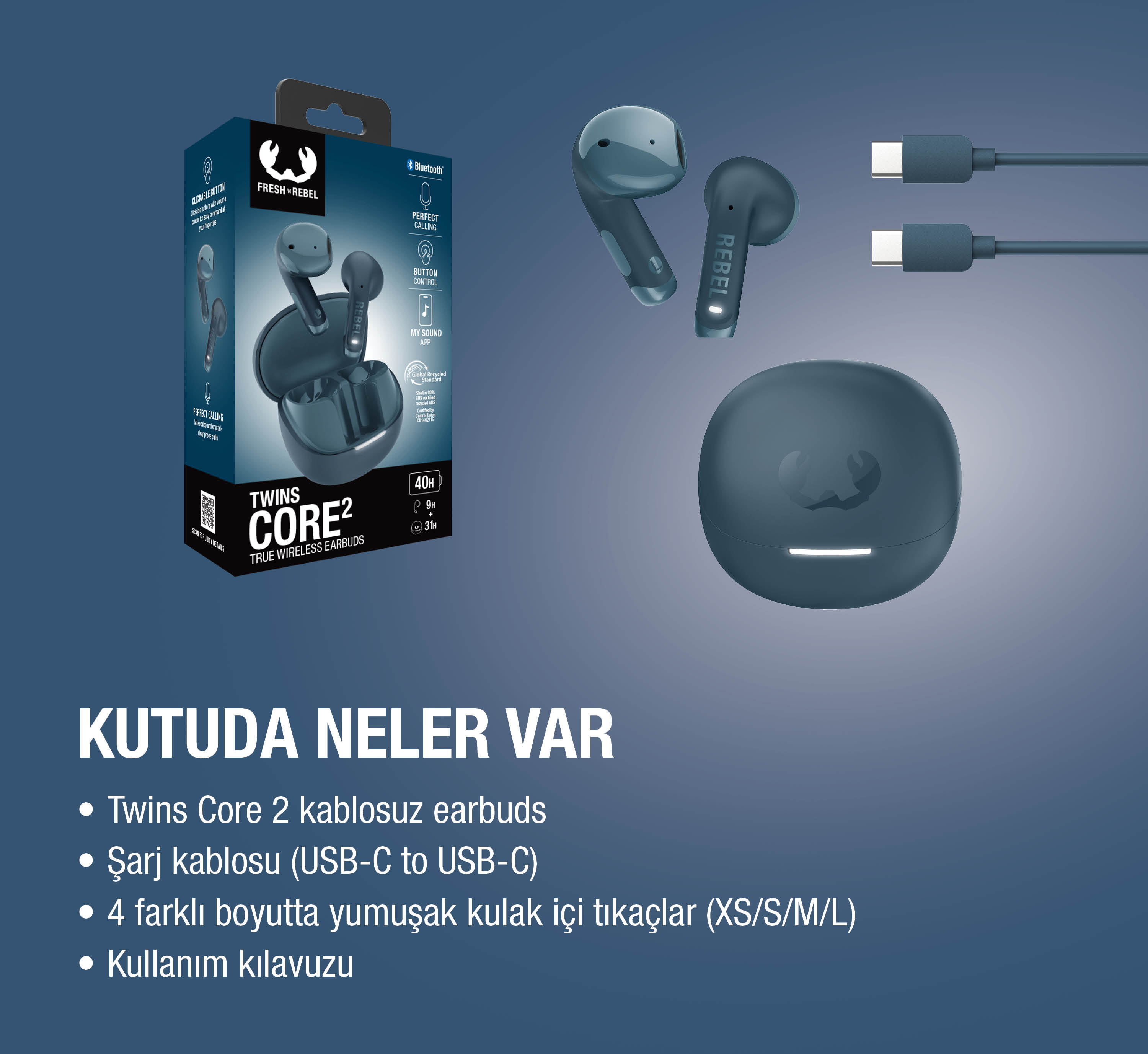 Gri Fresh 'n Rebel gerçek kablosuz kulaklıklar şarj kutusu ve USB-C kablosu ile.