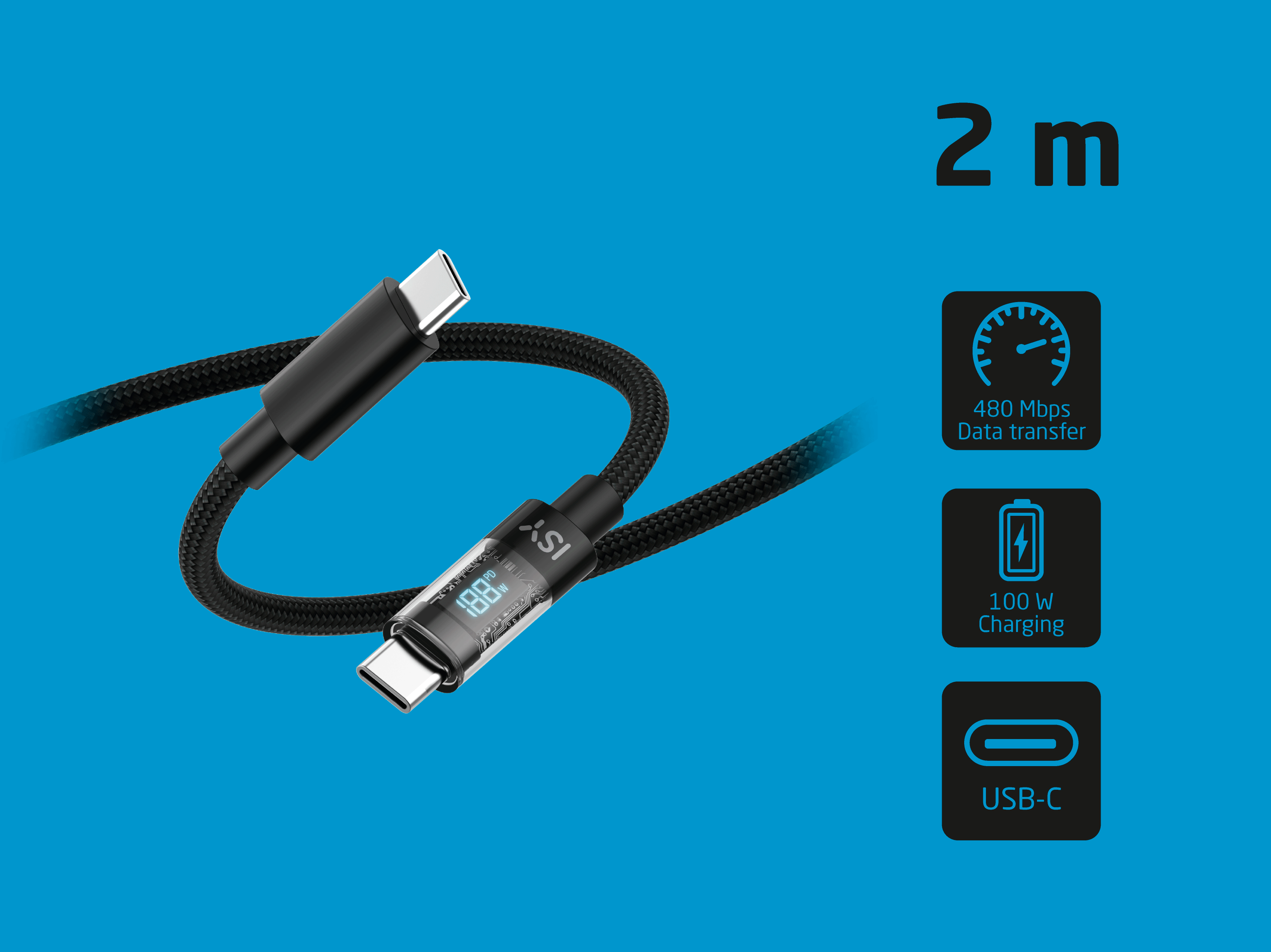 Schwarzes USB-C-Kabel, 2 m lang, mit Digitalanzeige, 480 Mbps, 100 W Ladeleistung.