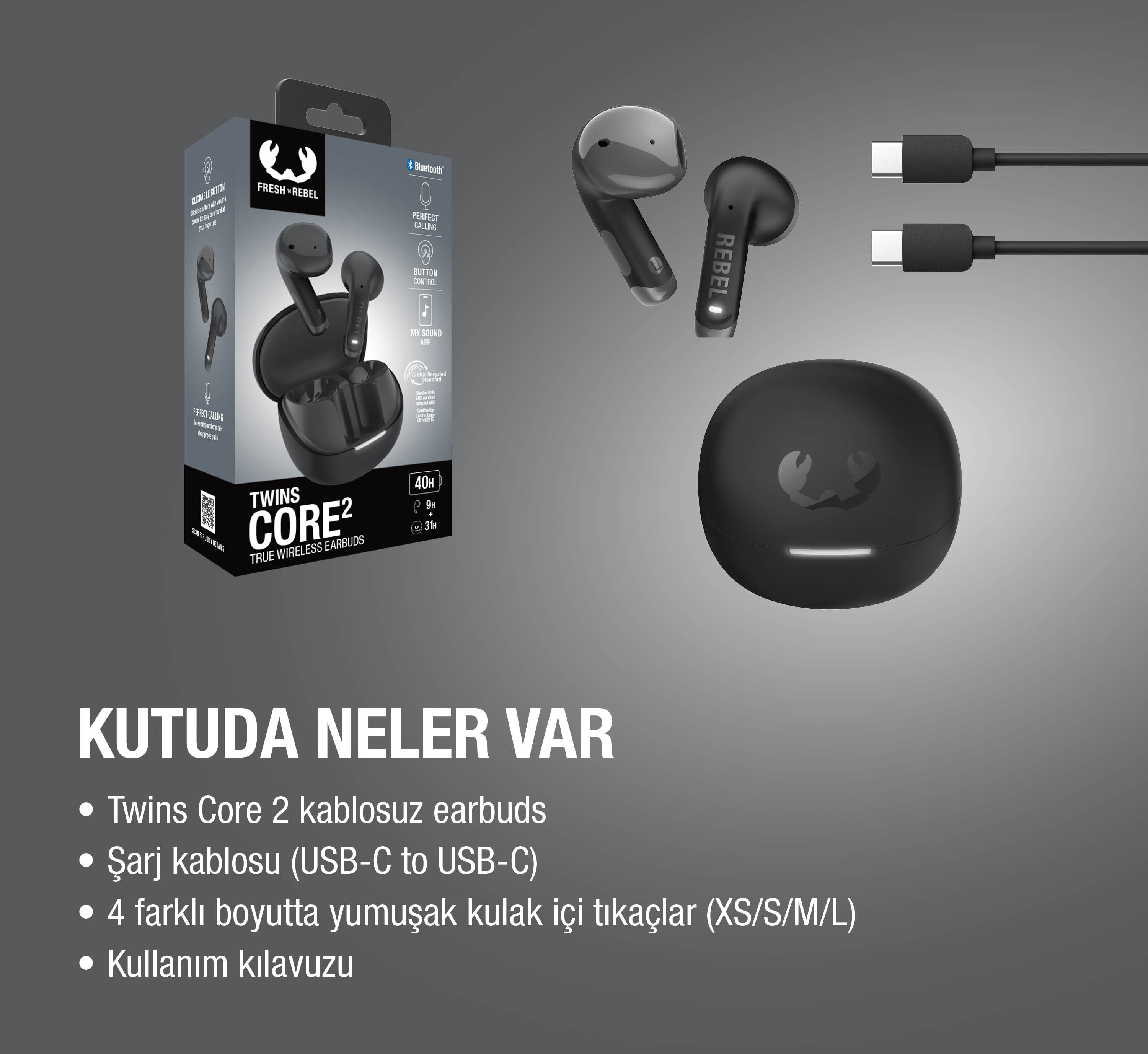 Siyah kablosuz kulaklıklar, şarj kutusu, kablolar ve ambalaj.