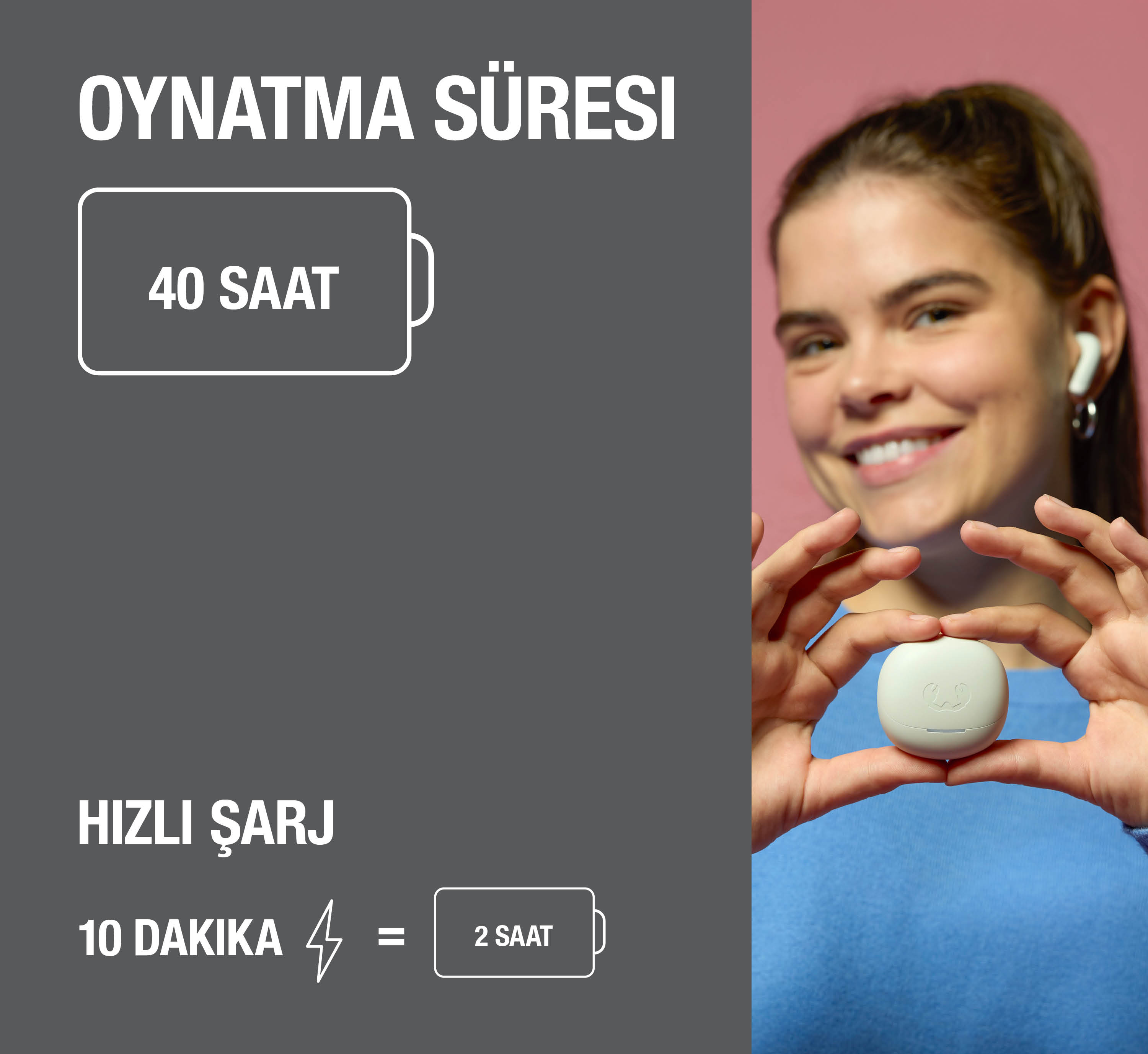 Kulaklıklı kadın beyaz şarj kutusu tutuyor. Oyun süresi ve hızlı şarj hakkında yazı.