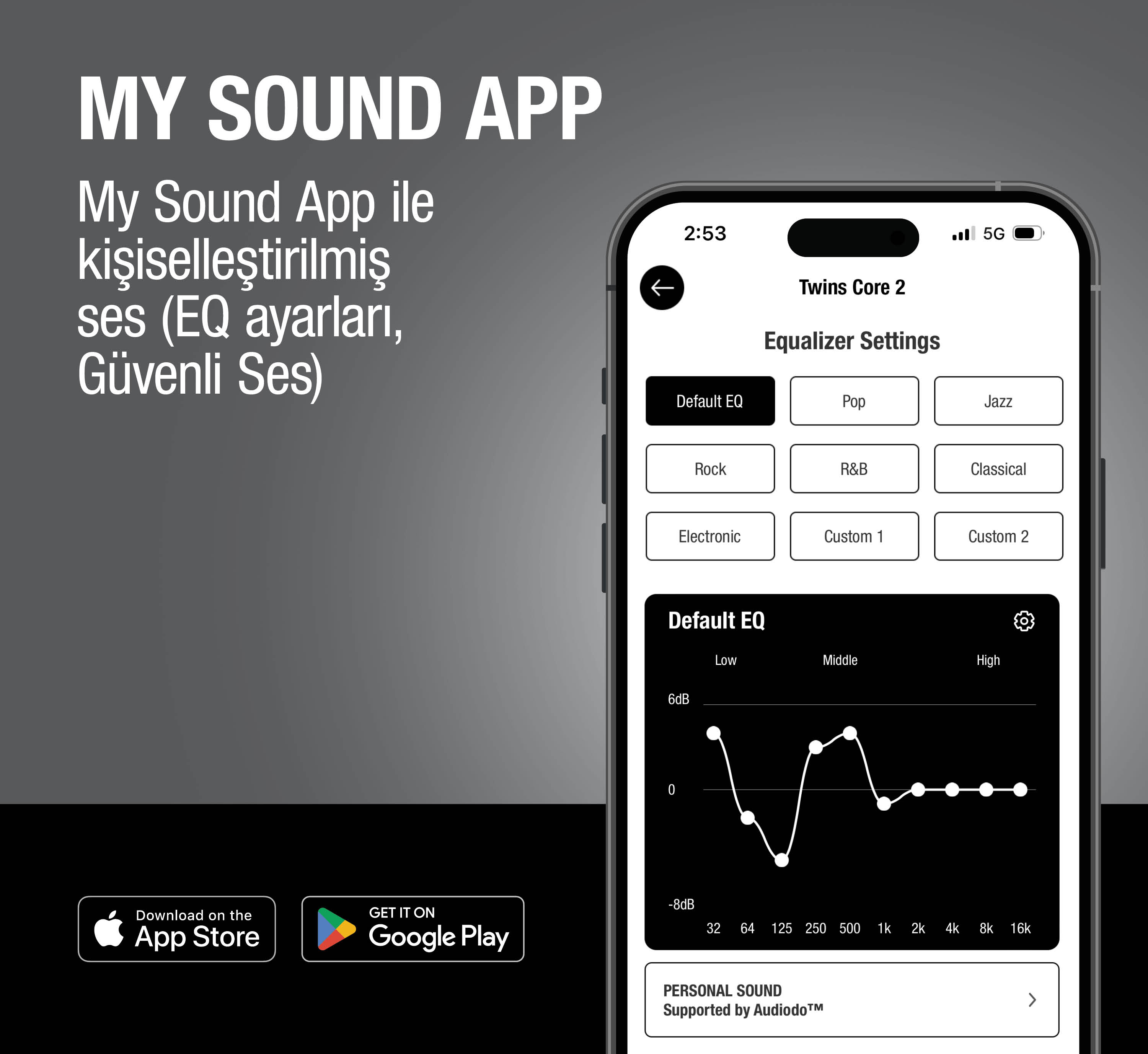 "My Sound App" için ekolayzır ayarlarını gösteren uygulama ekranı.