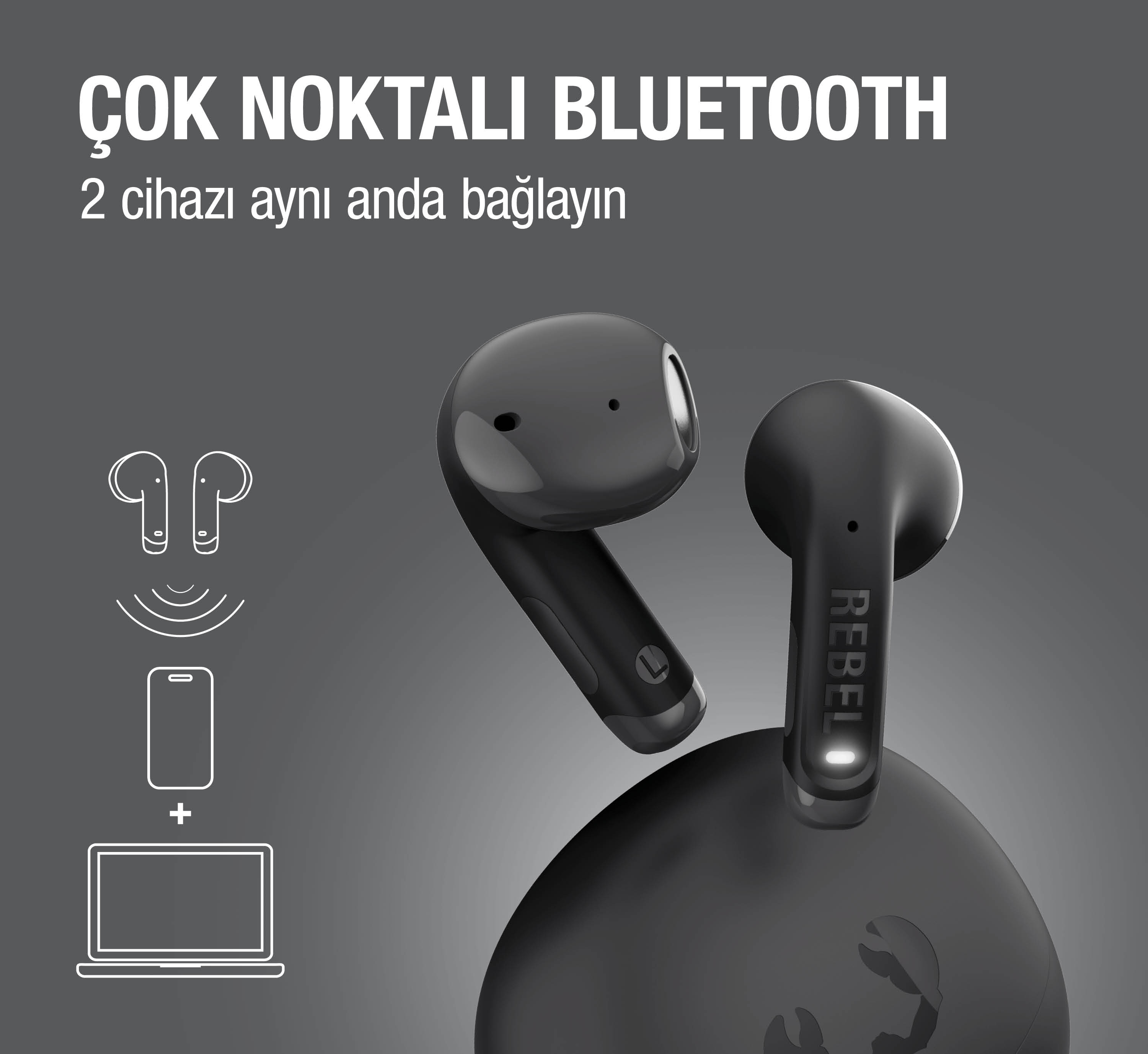 Şarj kutulu ve bağlantı simgeli siyah kablosuz kulaklıklar.