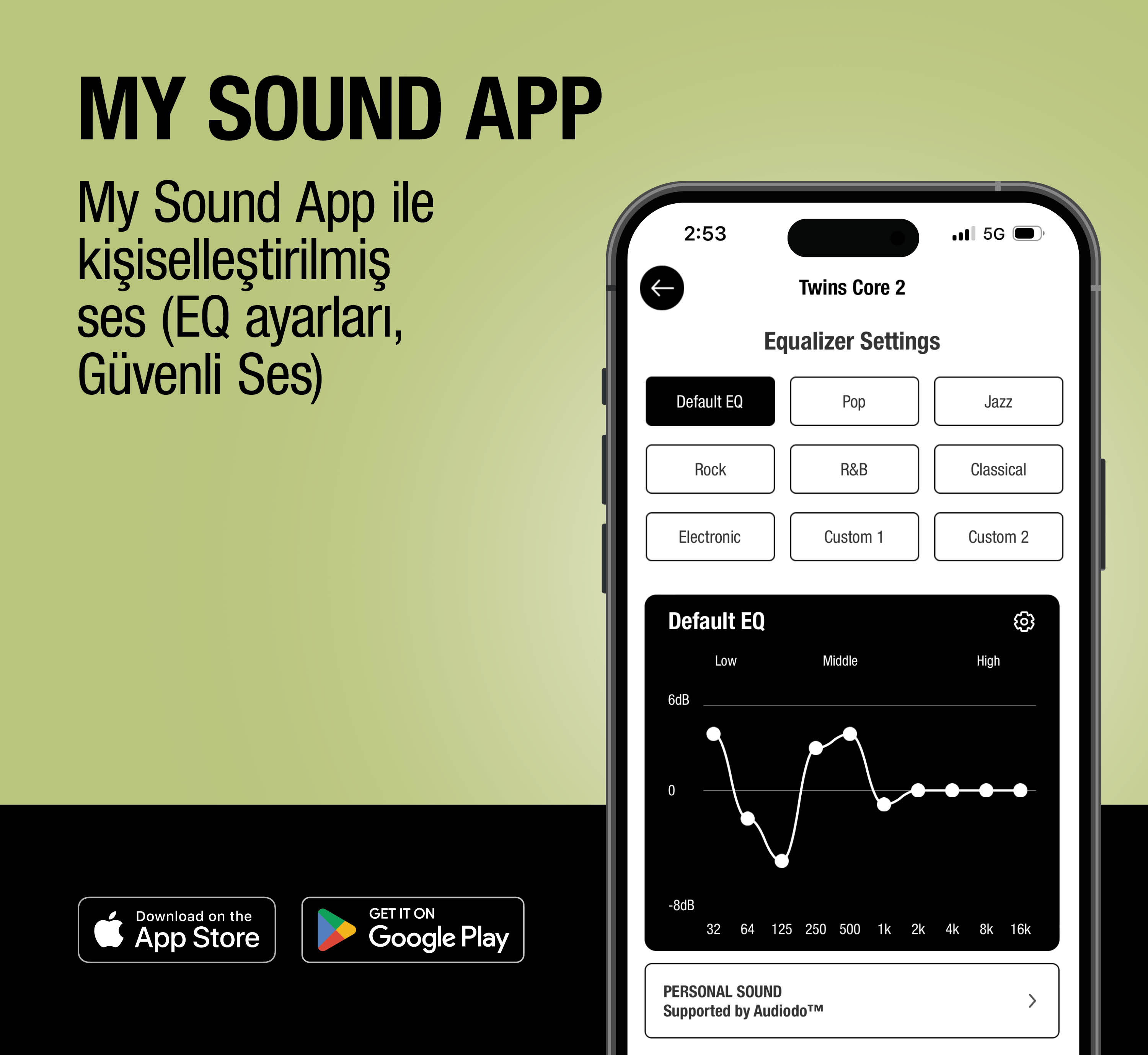 App Store ve Google Play indirme düğmeleriyle EQ ayarlarını gösteren uygulama ekranı.