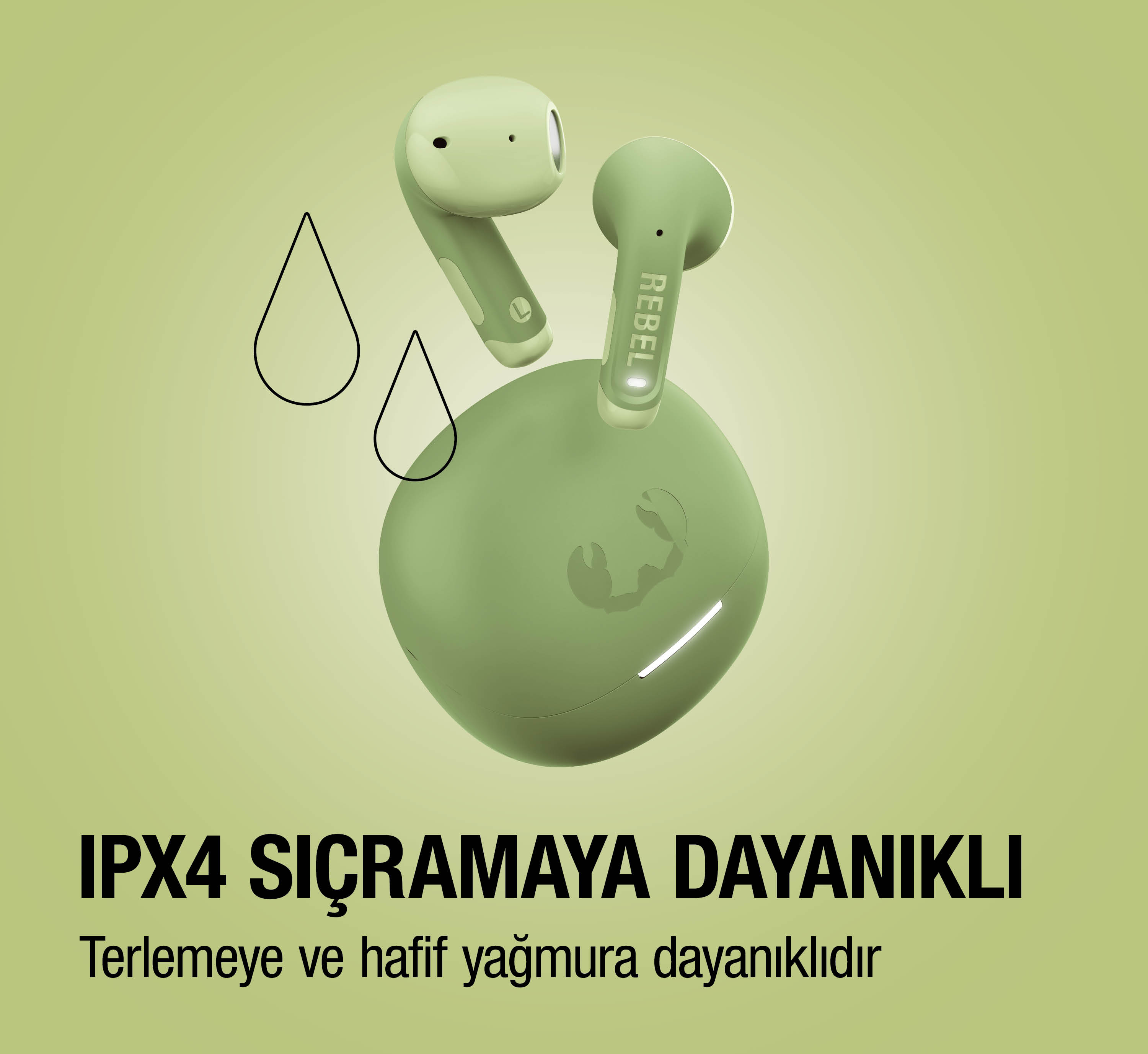 Yeşil kulaklık ve şarj kutusu, IPX4 sıçramaya dayanıklı.