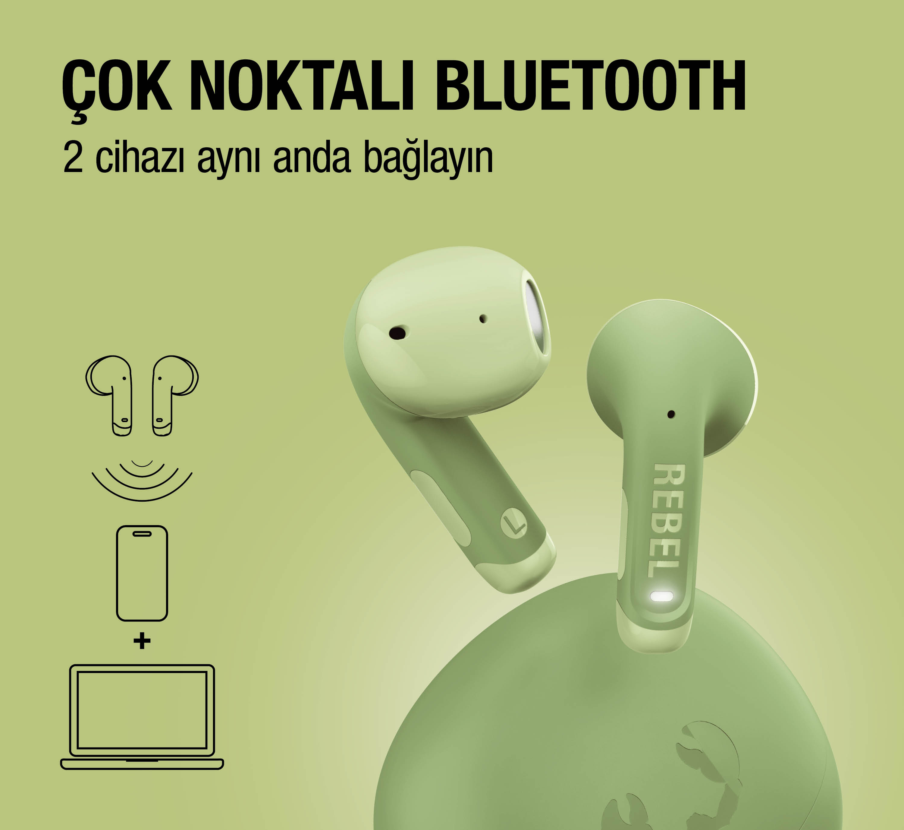 Yeşil kablosuz kulaklıklar, şarj kutusu, telefon ve laptop bağlantı simgeleri.