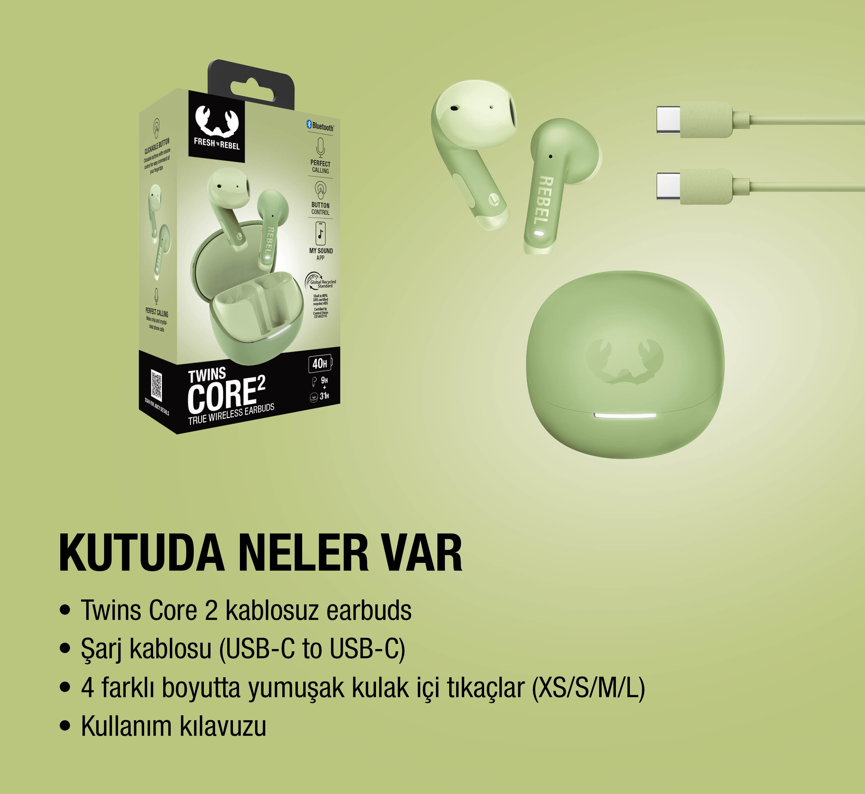 Yeşil Fresh 'n Rebel Twins Core 2 kulaklık, şarj kutusu ve kablolar.