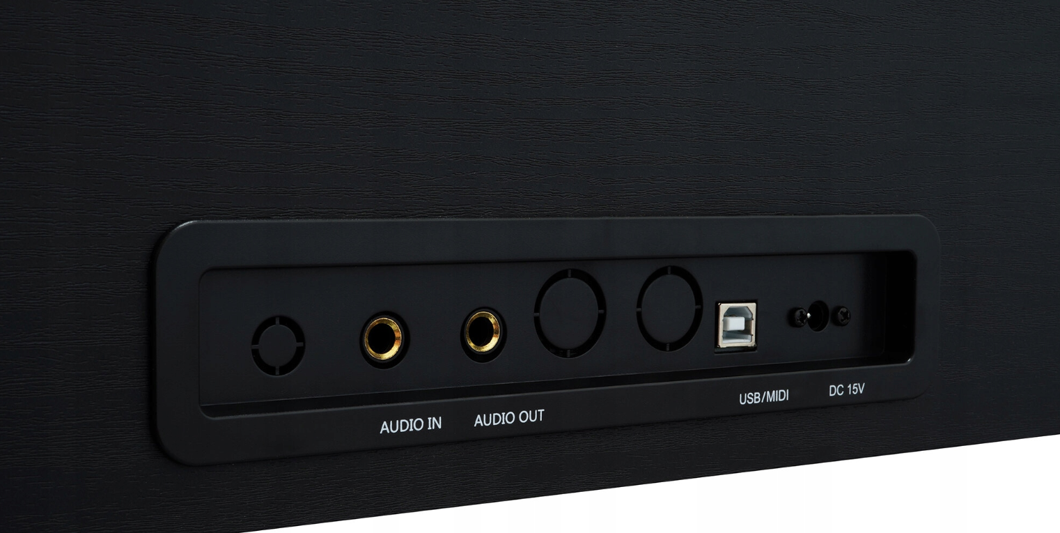 Panel przyłączeniowy z wejściem audio, wyjściem audio, USB/MIDI i DC 15V.