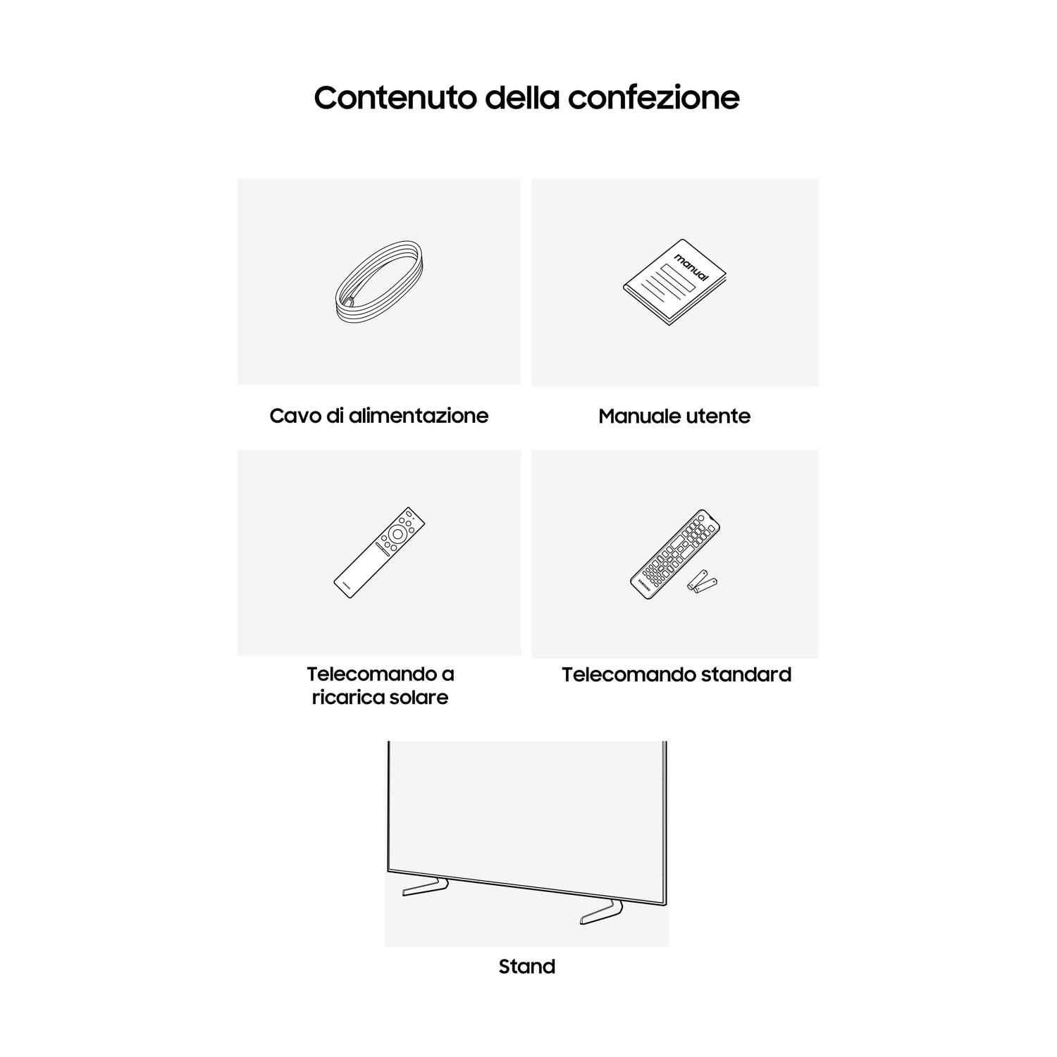 Contenuto della confezione: cavo alimentazione, manuale, telecomando solare, telecomando standard, stand.