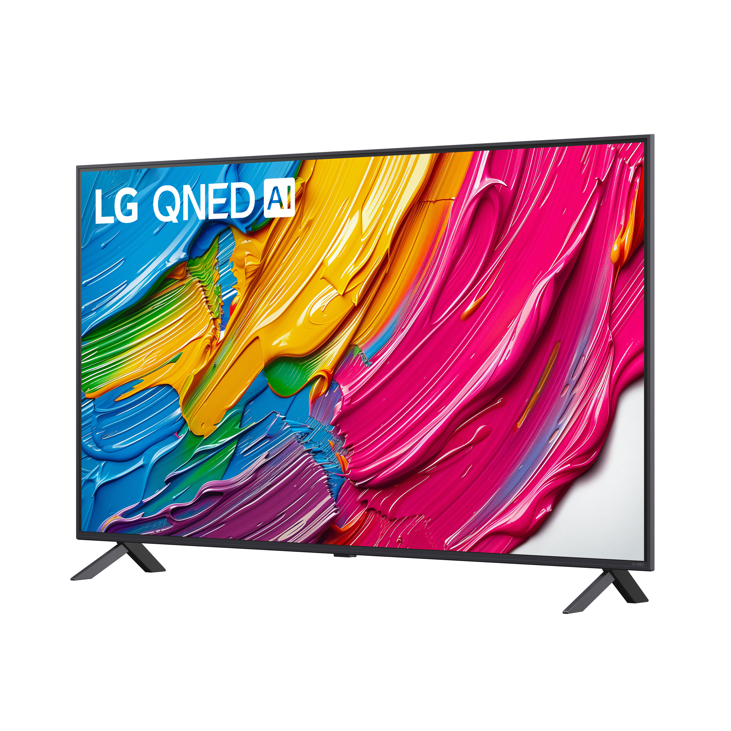 Telewizor LG QNED z żywymi pociągnięciami pędzla w kolorach niebieskim, żółtym i różowym.