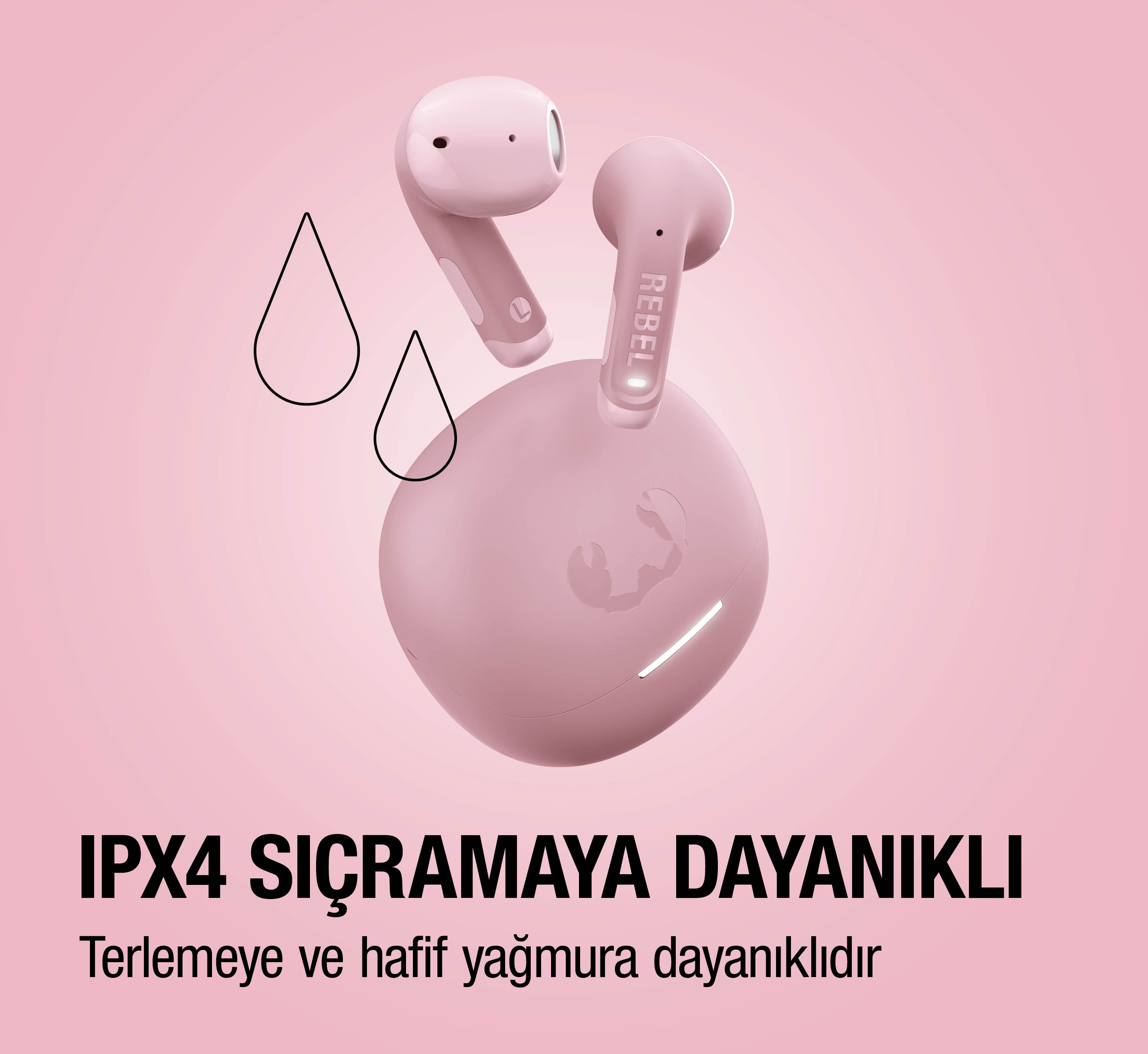 Pembe kablosuz kulaklık, şarj kutusu ve damla ikonları ile, IPX4 suya dayanıklı.
