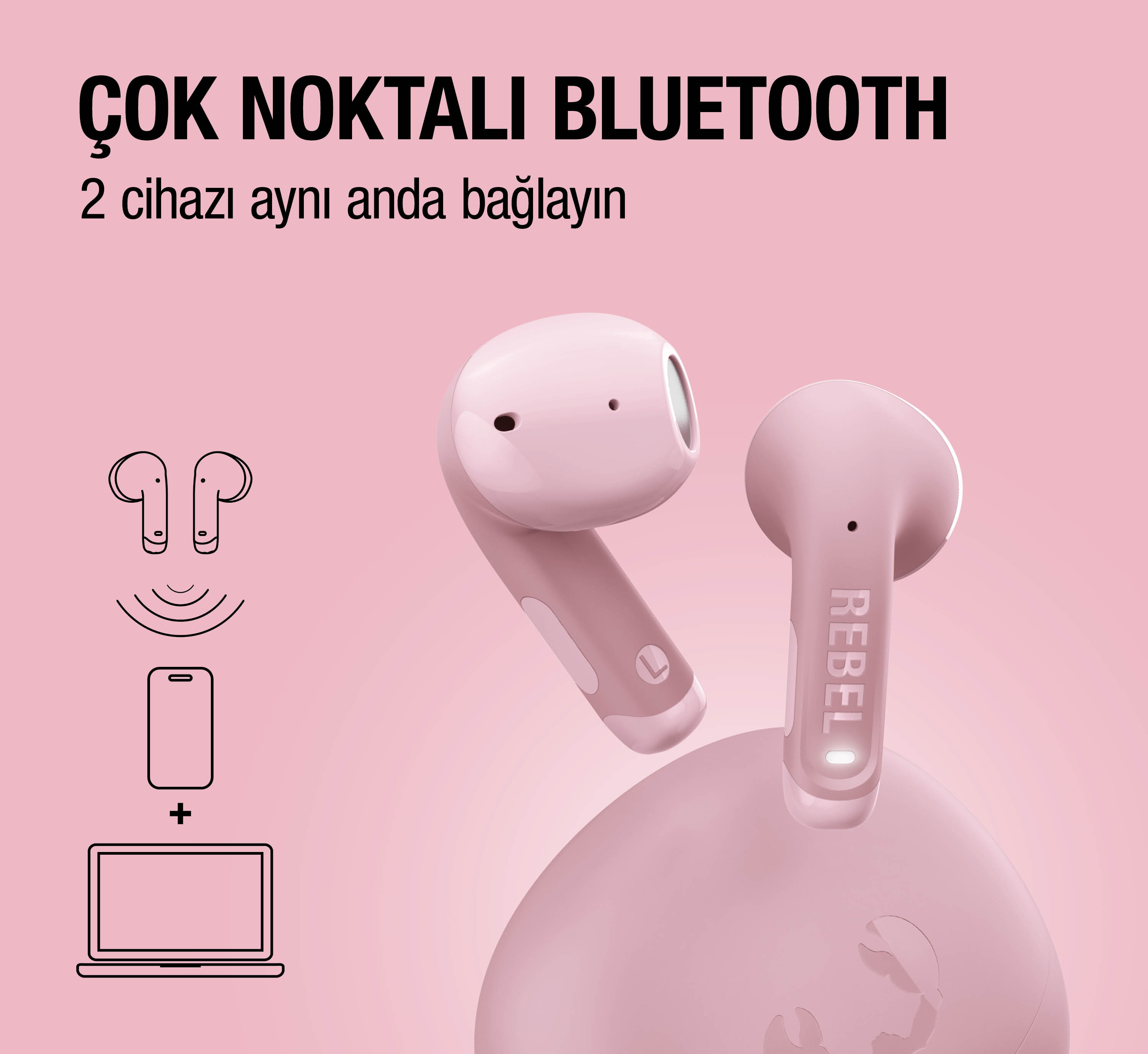 Pembe kablosuz kulaklıklar, şarj kutusu ve telefon/laptop bağlantı simgeleriyle.