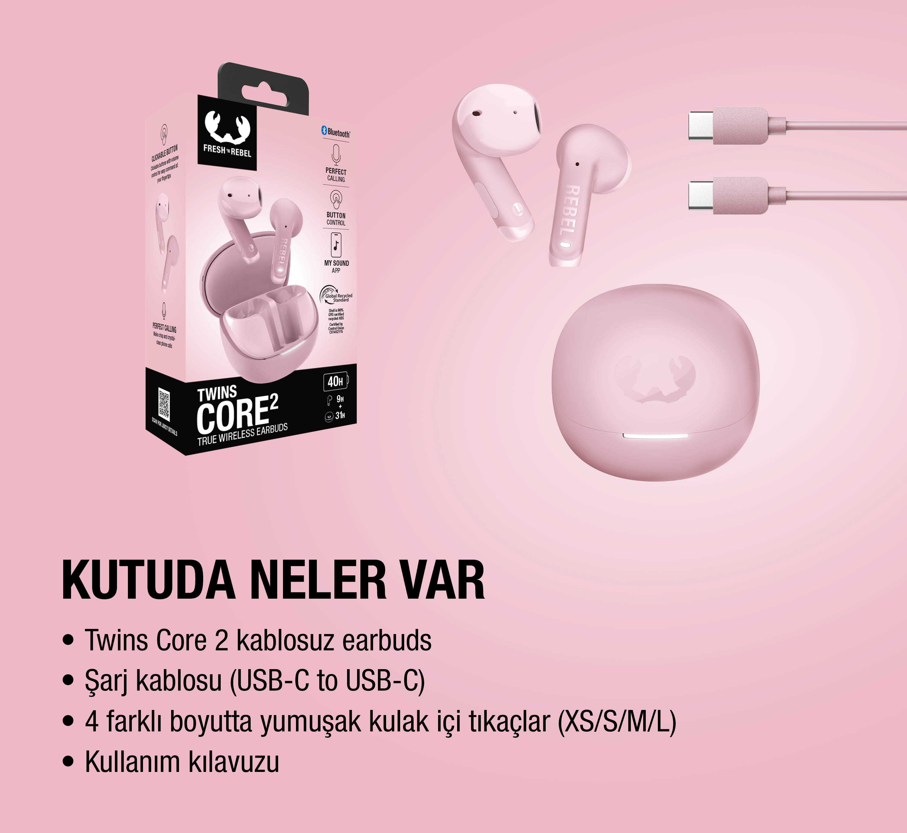 Pembe Fresh 'n Rebel Twins Core 2 kulaklıklar şarj kutusu ve USB-C kablolarıyla.