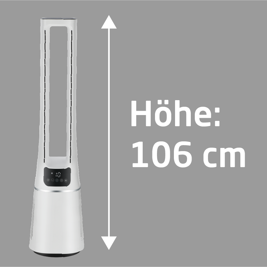 Biały wentylator wieżowy o wysokości 106 cm.