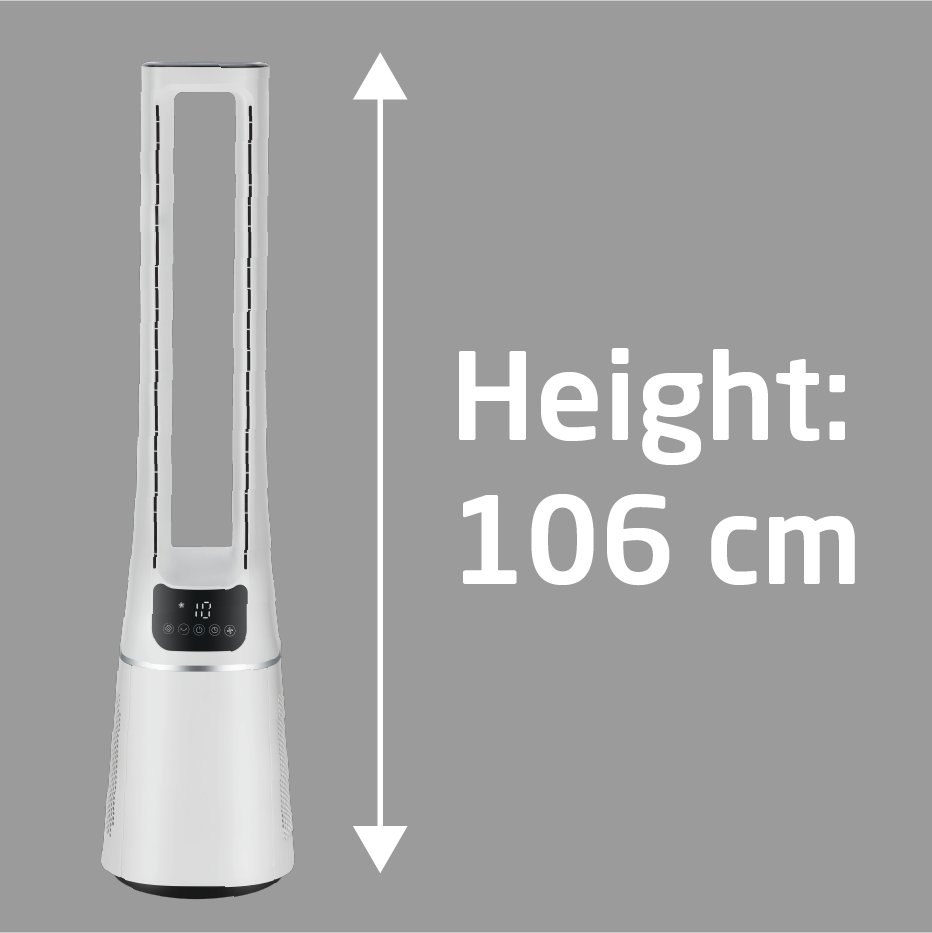 Biały wentylator wieżowy o wysokości 106 cm.
