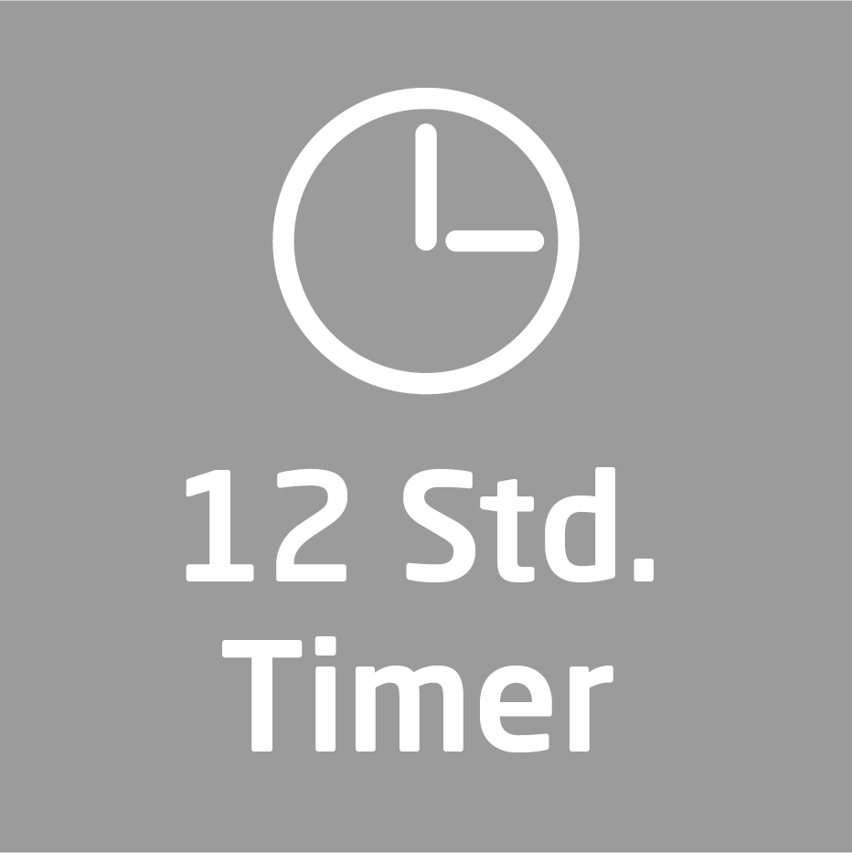 Biała ikona zegara z tekstem '12 Std. Timer' na szarym tle.