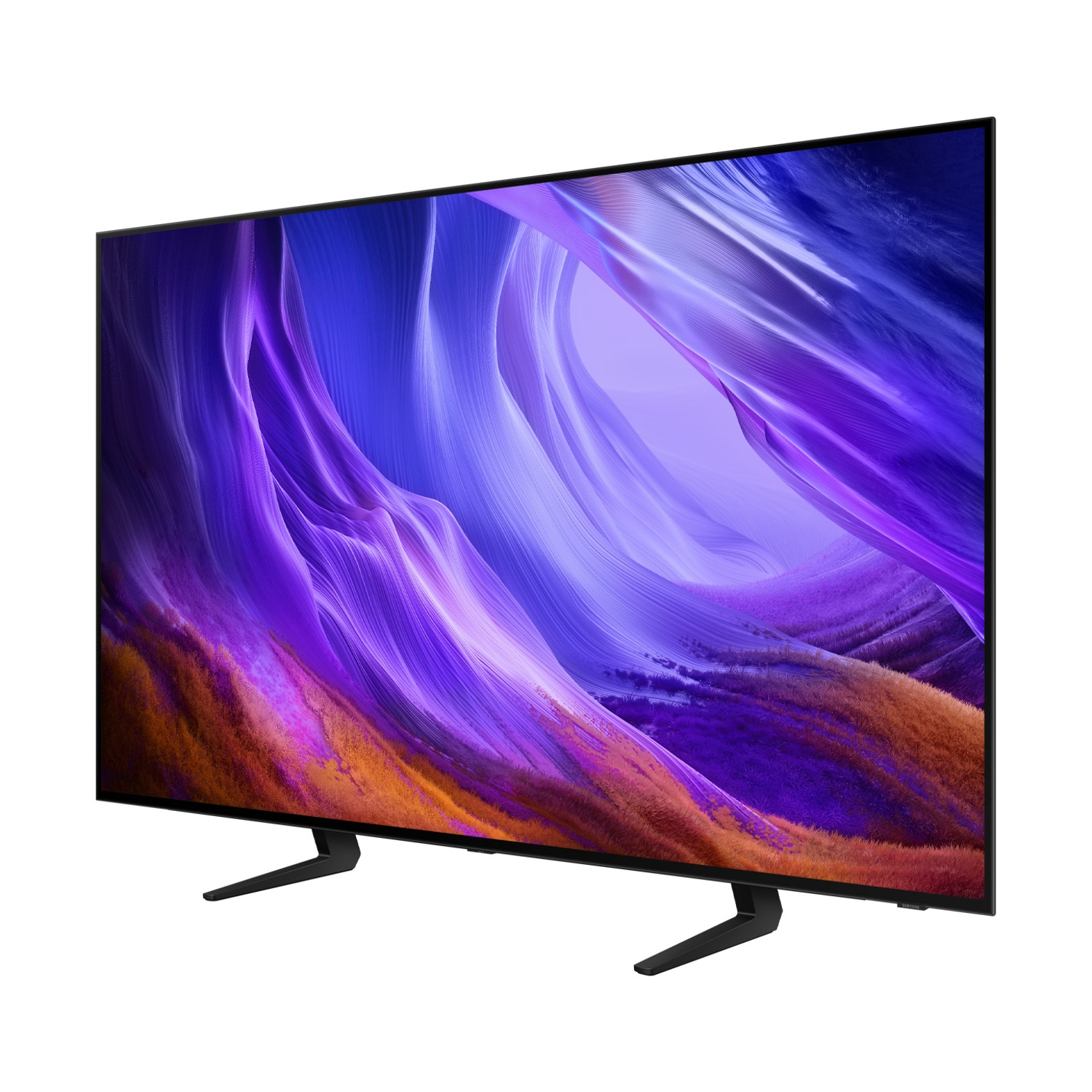 Un televisore moderno ed elegante con un vivace display astratto viola e arancione, su sfondo bianco.