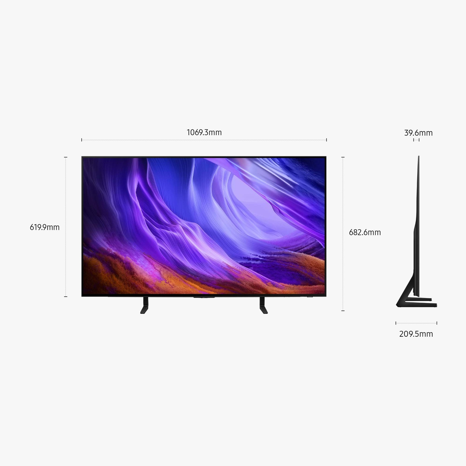 Display TV piatto con immagine di sfondo viola e arancione e vista laterale.