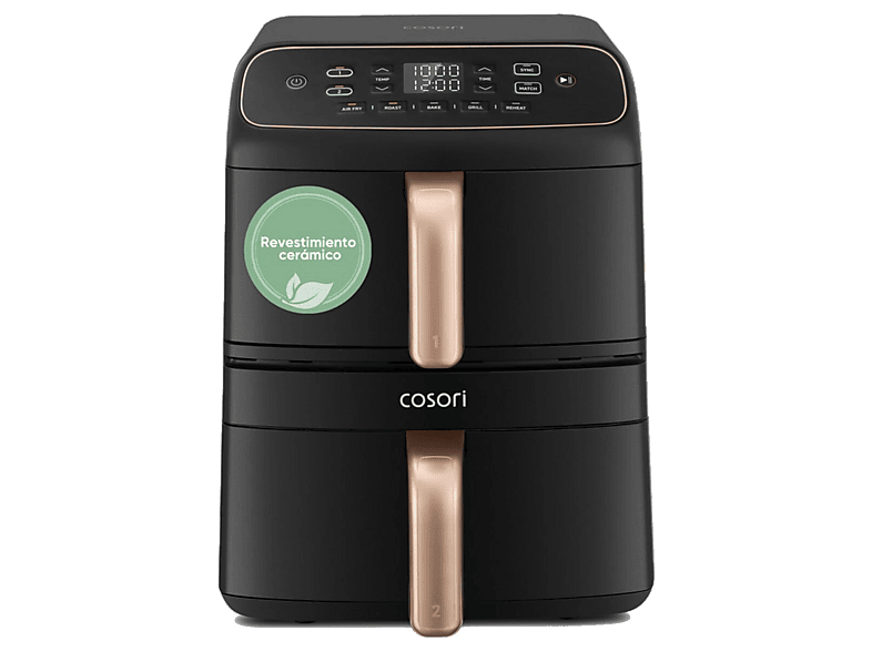 Freidora de aire - Cosori Turbo Tower Compact, Doble cesta, 8.6 l, 2630 W, 230 °C, Revestimiento cerámico Premium, Negro