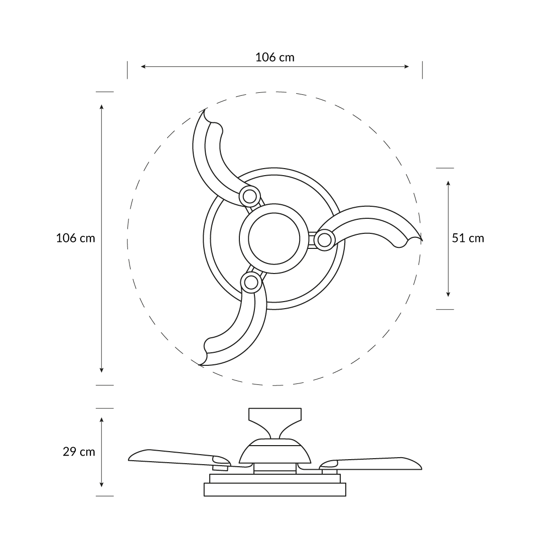 Dibujo técnico de un ventilador de techo con dimensiones: 106 cm de ancho, 51 cm y 29 cm de alto.