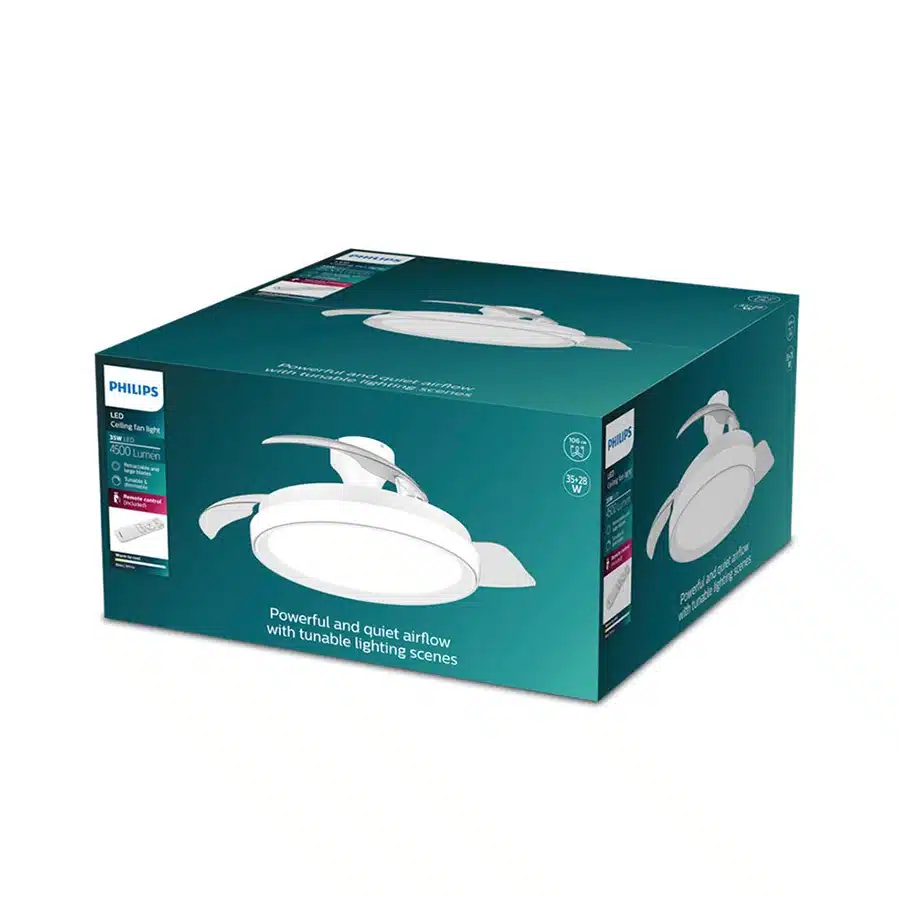 Embalaje de una luz de ventilador de techo LED Philips con ventilador y mando.