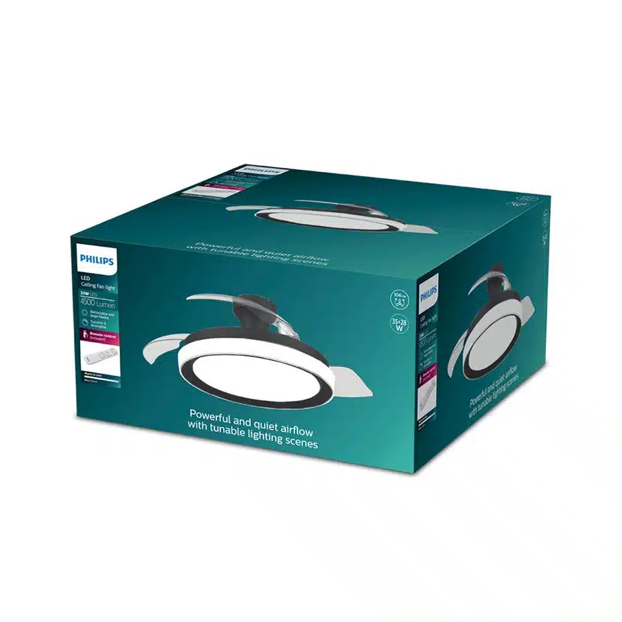 Caja de un ventilador de techo LED Philips con mando a distancia incluido.