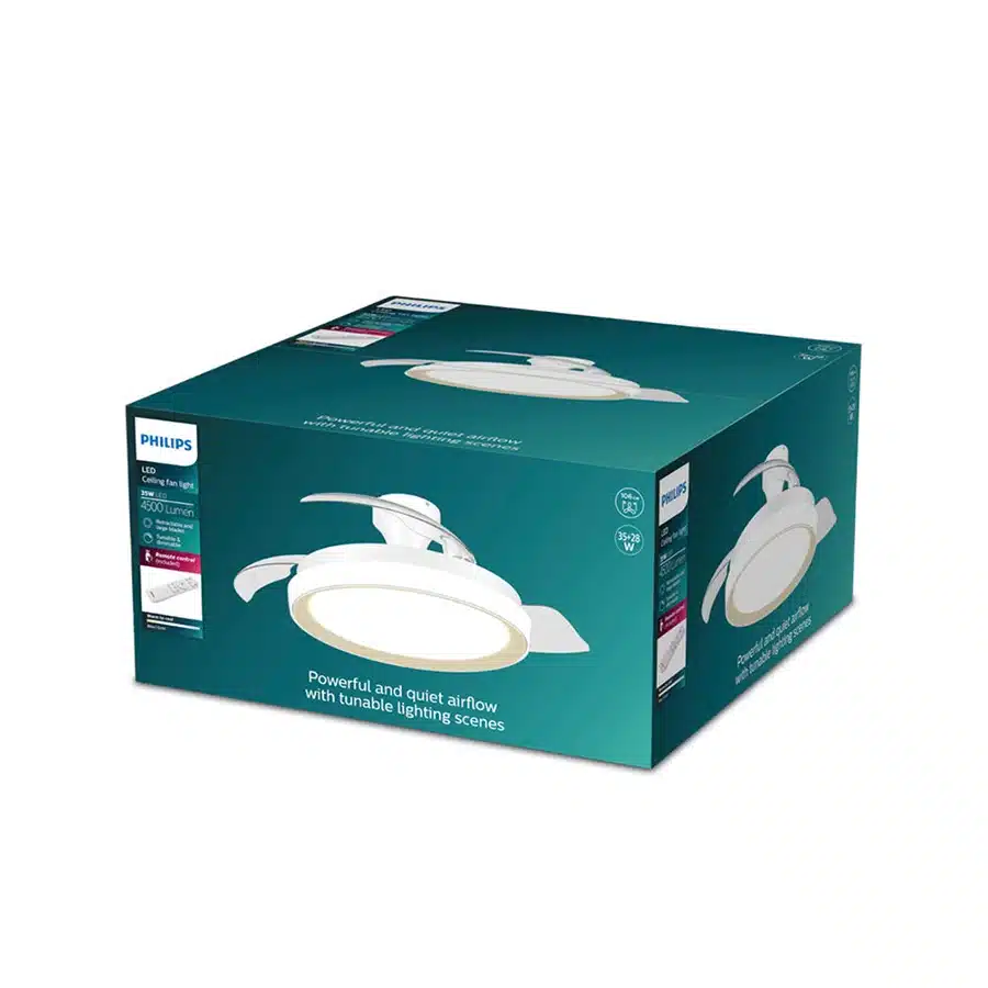 Caja de una lámpara de ventilador de techo LED Philips con control remoto.