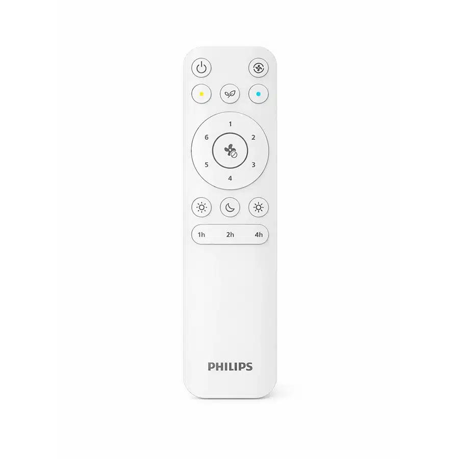Control remoto Philips blanco con controles de ventilador y luz.