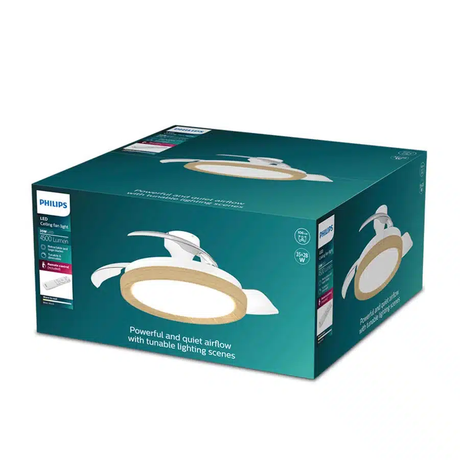 Embalaje de una lámpara de techo ventilador LED Philips con mando a distancia.