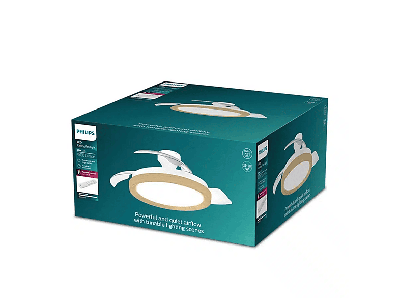 Ventilador de techo con luz - Philips Bliss (2026), 28W, 6 Velocidades, Aspas retráctiles, 106cm, 4500 lúm regulables, Mando a distancia,Blanco/Madera