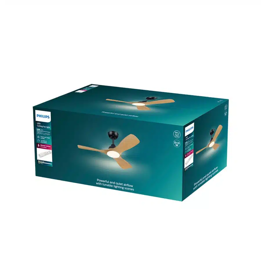 Caja de un ventilador de techo Philips con luz.