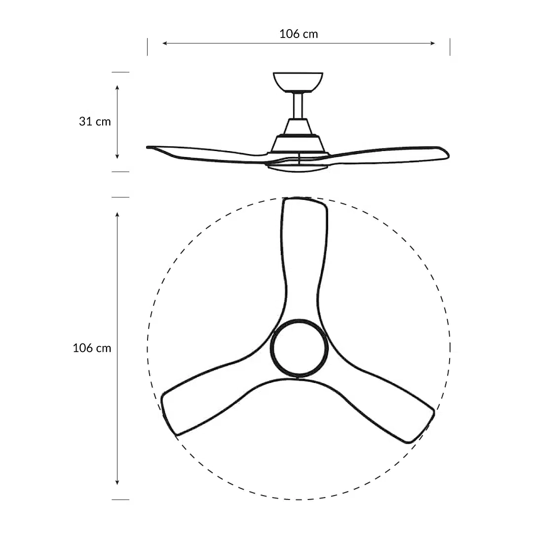 Dibujo técnico de un ventilador de techo de tres aspas con dimensiones.
