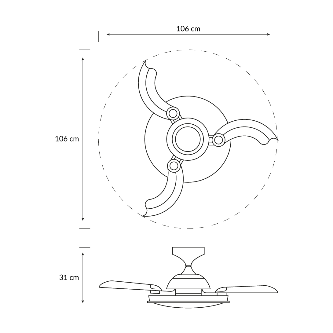 Dibujo técnico de ventilador de techo de 3 aspas, 106cm diámetro, 31cm altura.