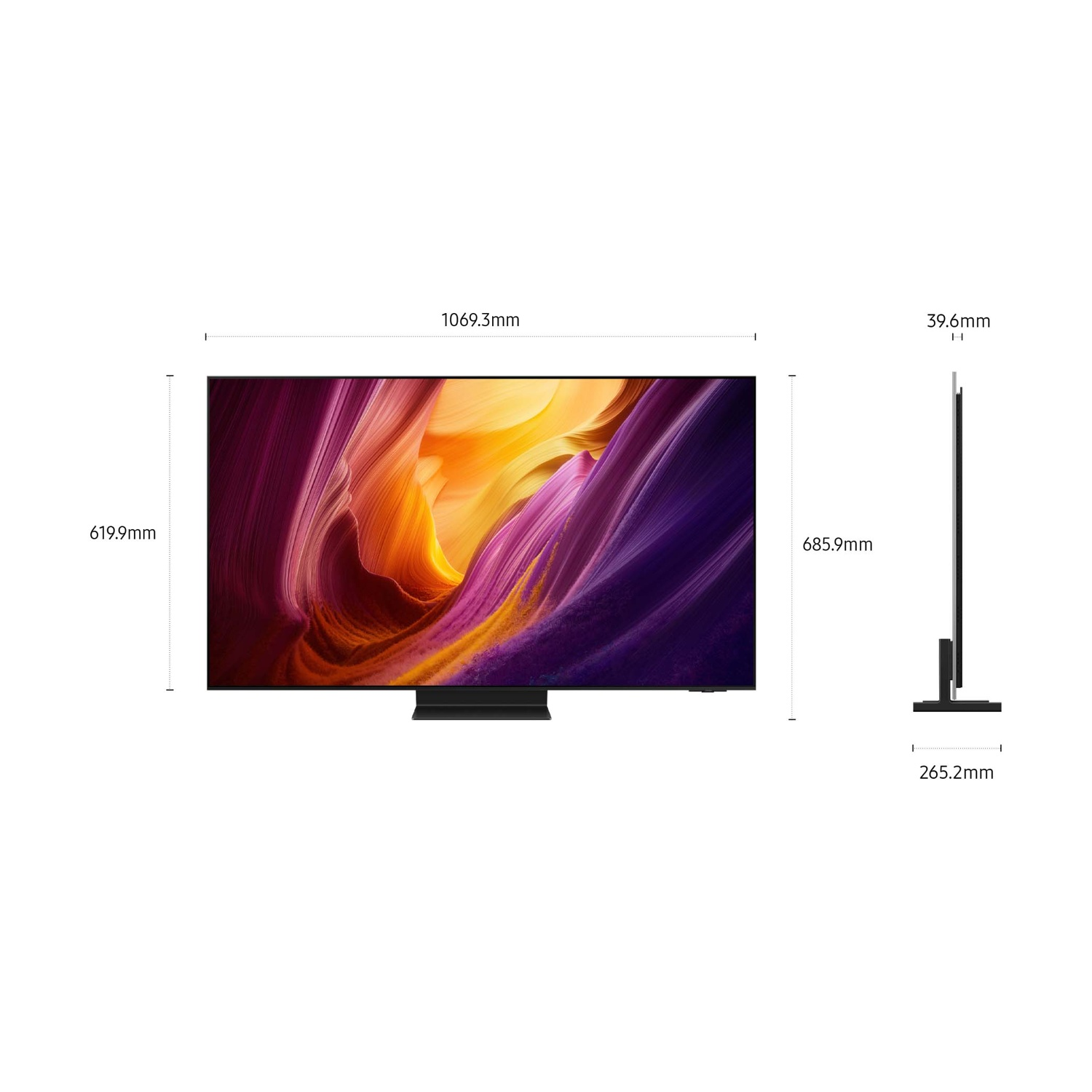 Una TV a schermo piatto con arte astratta colorata, con dimensioni indicate.