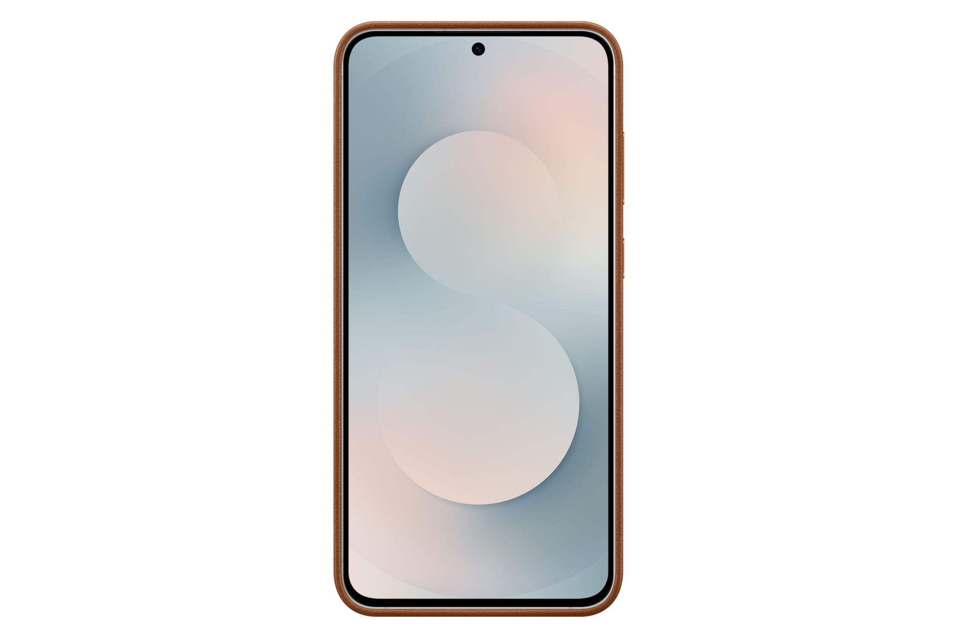 Smartfon z brązową ramką i abstrakcyjną jasną tapetą.