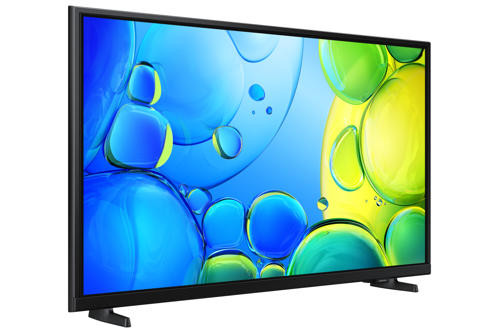 Ein schwarzer Fernseher zeigt einen abstrakten Hintergrund mit blauen und gelben Blasen.