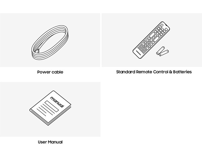 Stromkabel, Fernbedienung, Batterien und Benutzerhandbuch.