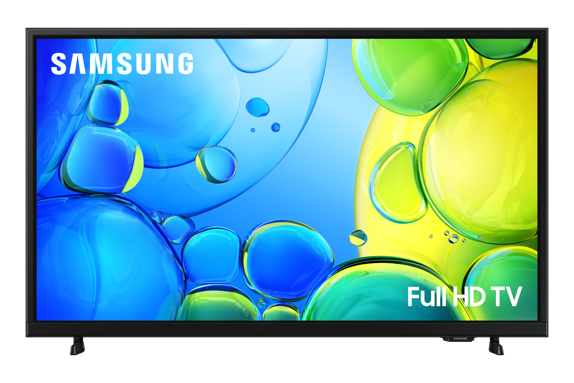 Samsung Full HD TV mit blauen und grünen Blasen auf dem Bildschirm.