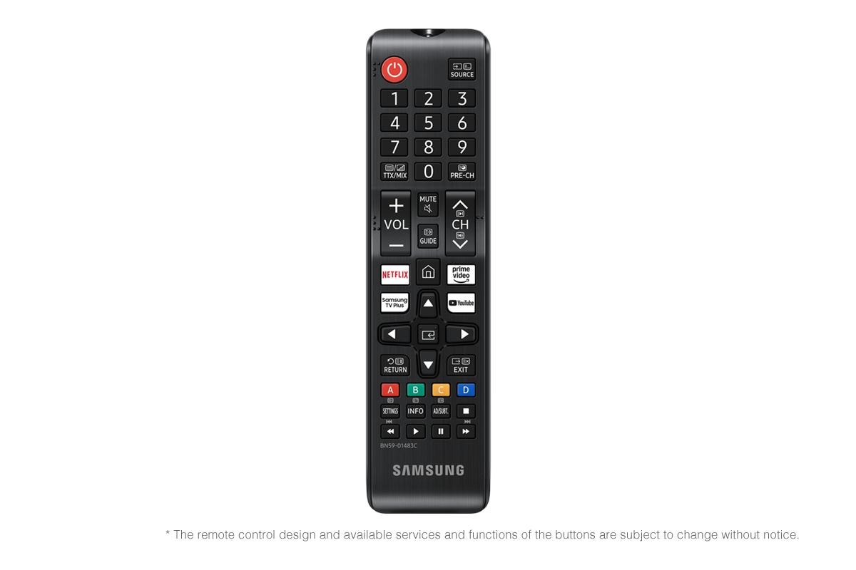 Eine schwarze Samsung TV-Fernbedienung mit nummerischen Tasten, App-Buttons und Navigationskontrollen.