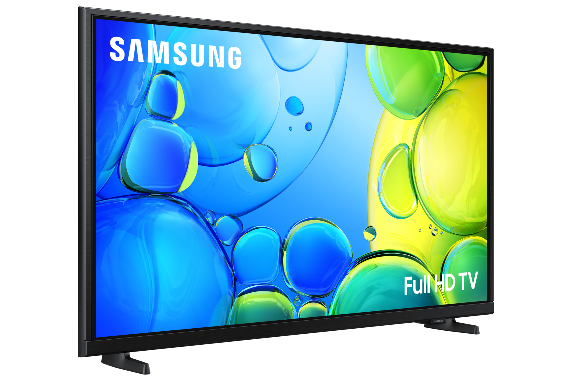 Ein Samsung Full HD TV mit einem blauen und grünen Blasenmuster auf dem Bildschirm.