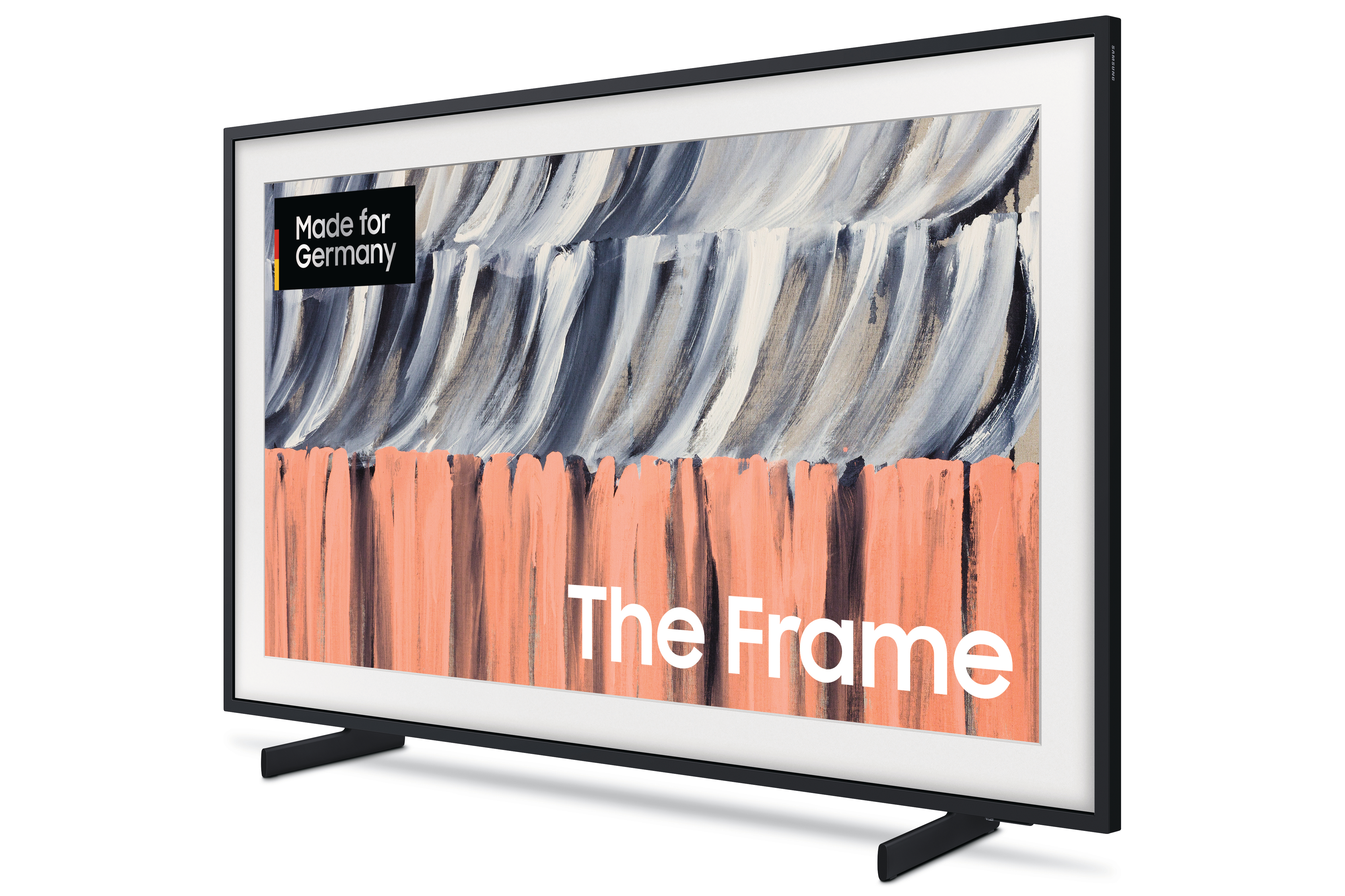 Ein schwarzer Fernseher mit abstraktem Bild. Unten steht „The Frame“.